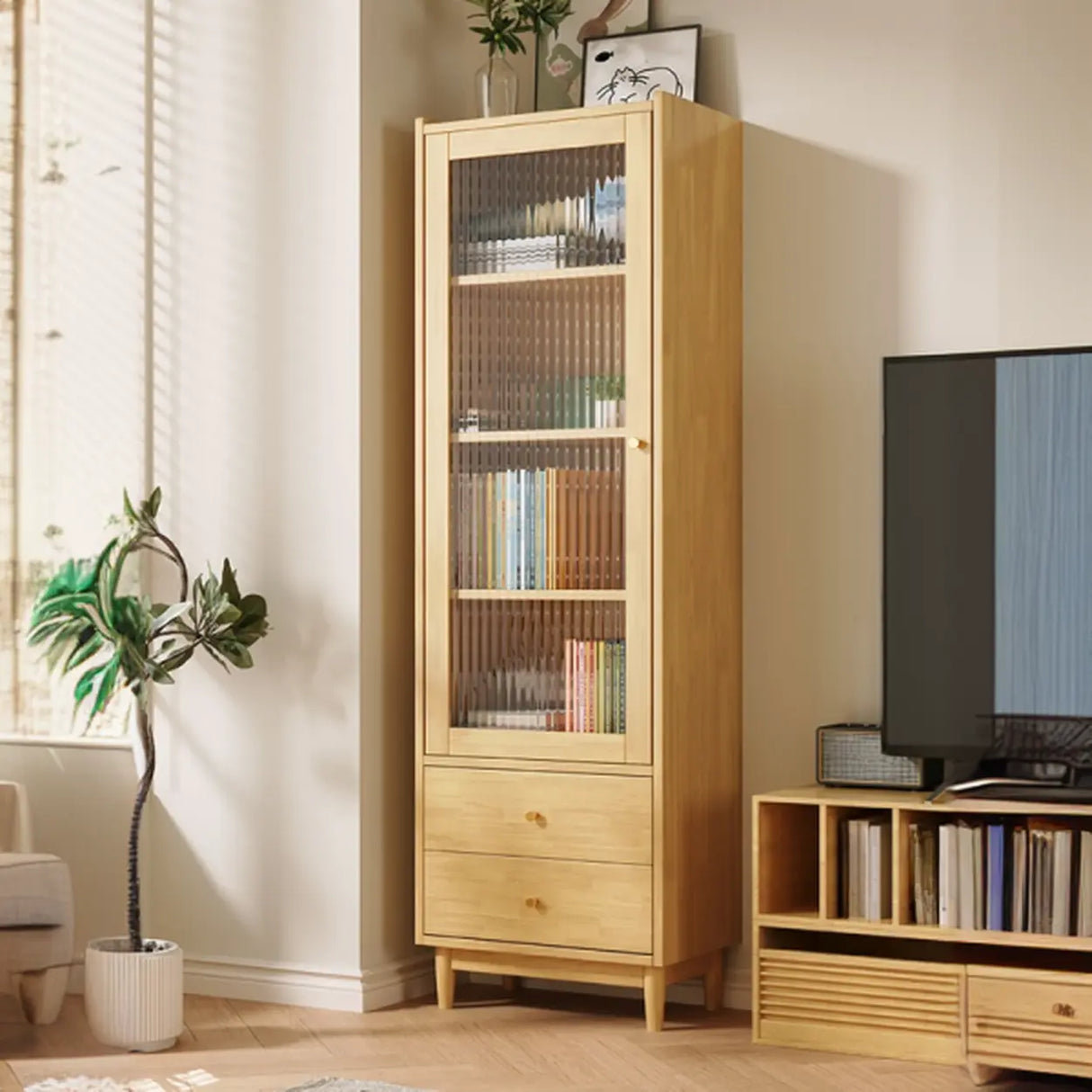 Vintage Rectangular Cabinet Wooden Vertical Bookcase Image - 1