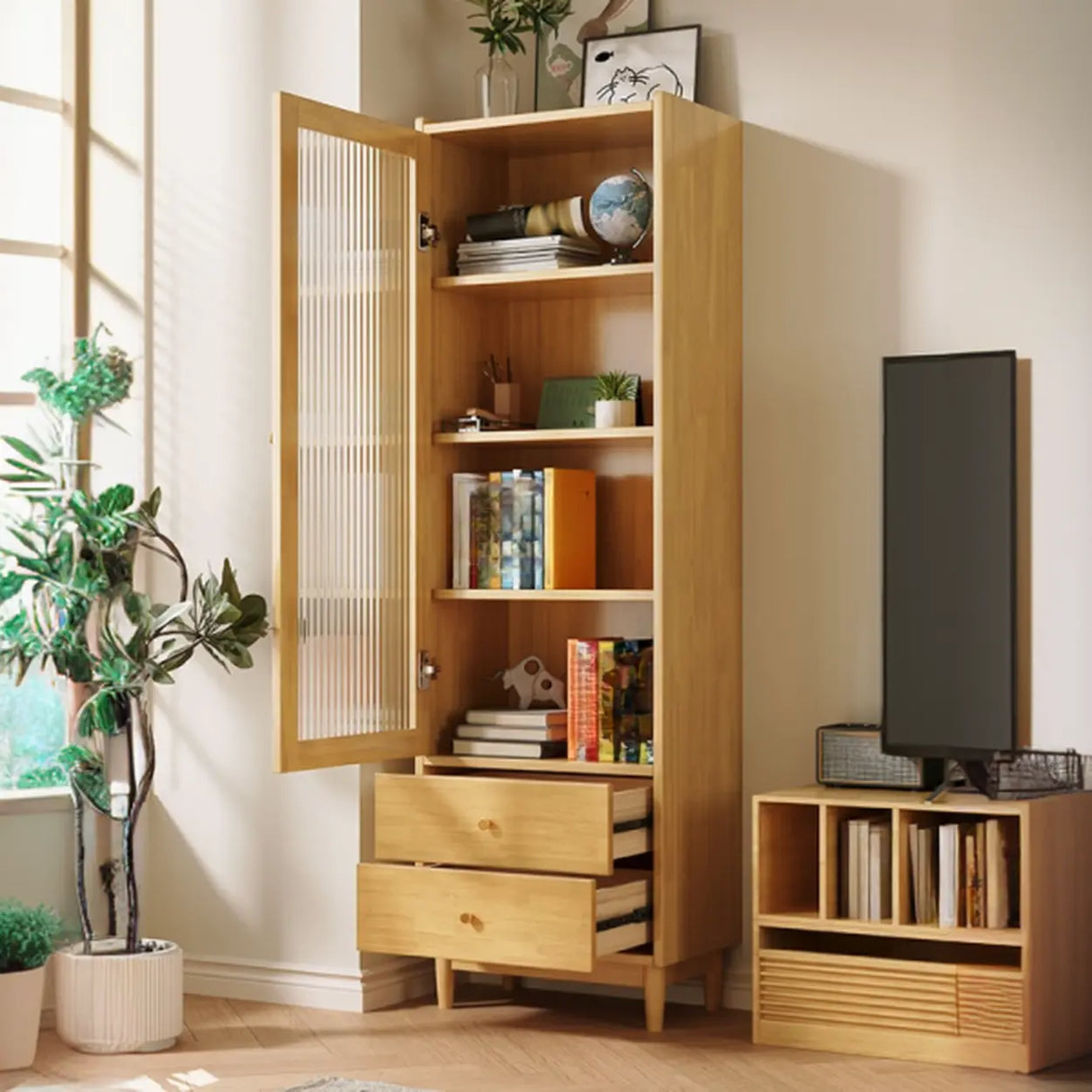 Vintage Rectangular Cabinet Wooden Vertical Bookcase Image - 4