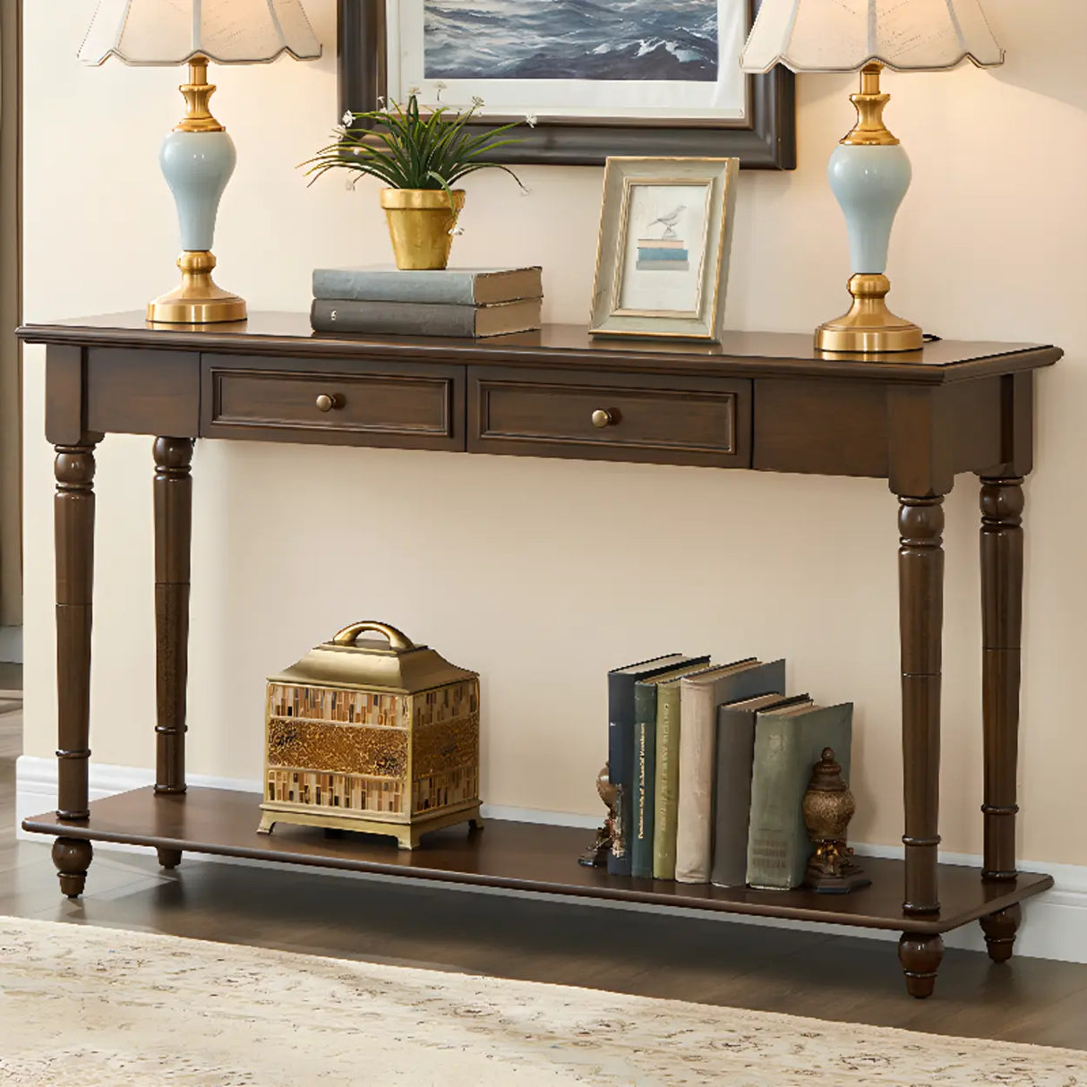 Vintage Rectangular Wood Walnut Storage Console Table Image - 1