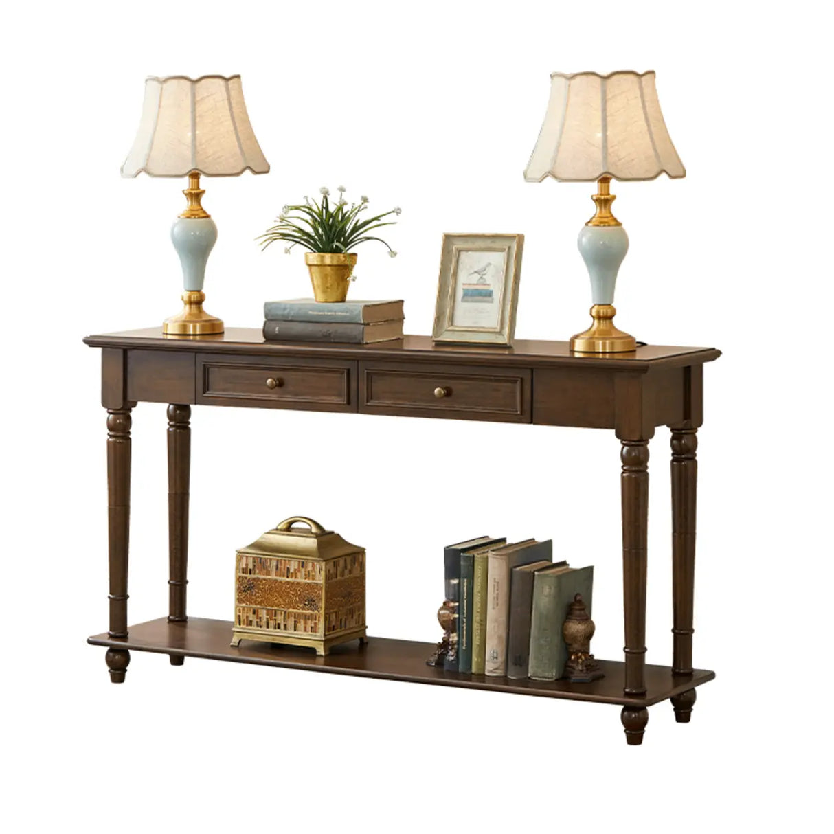 Vintage Rectangular Wood Walnut Storage Console Table Image - 2