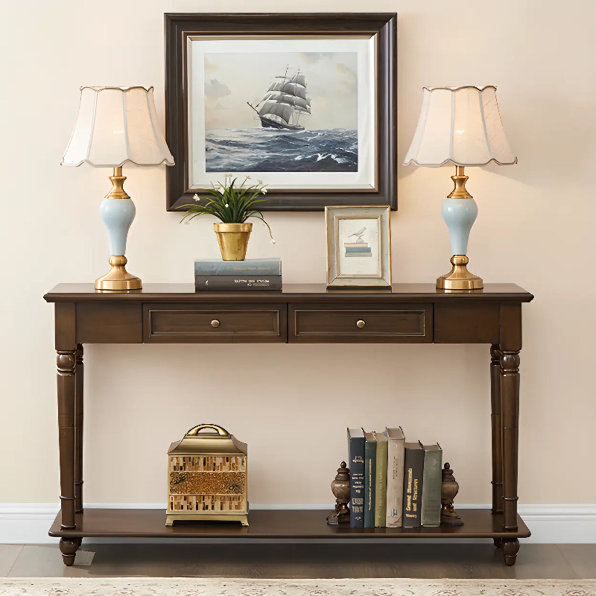 Vintage Rectangular Wood Walnut Storage Console Table Image - 3
