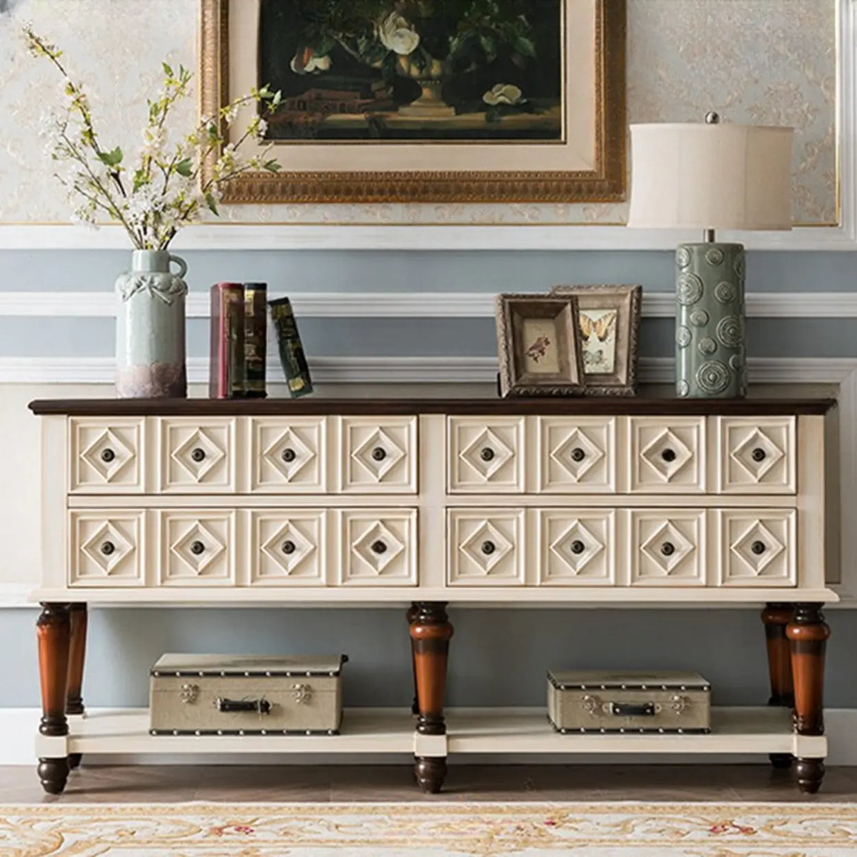 Vintage Rectangular Wooden Brown Storage Console Table Image - 11