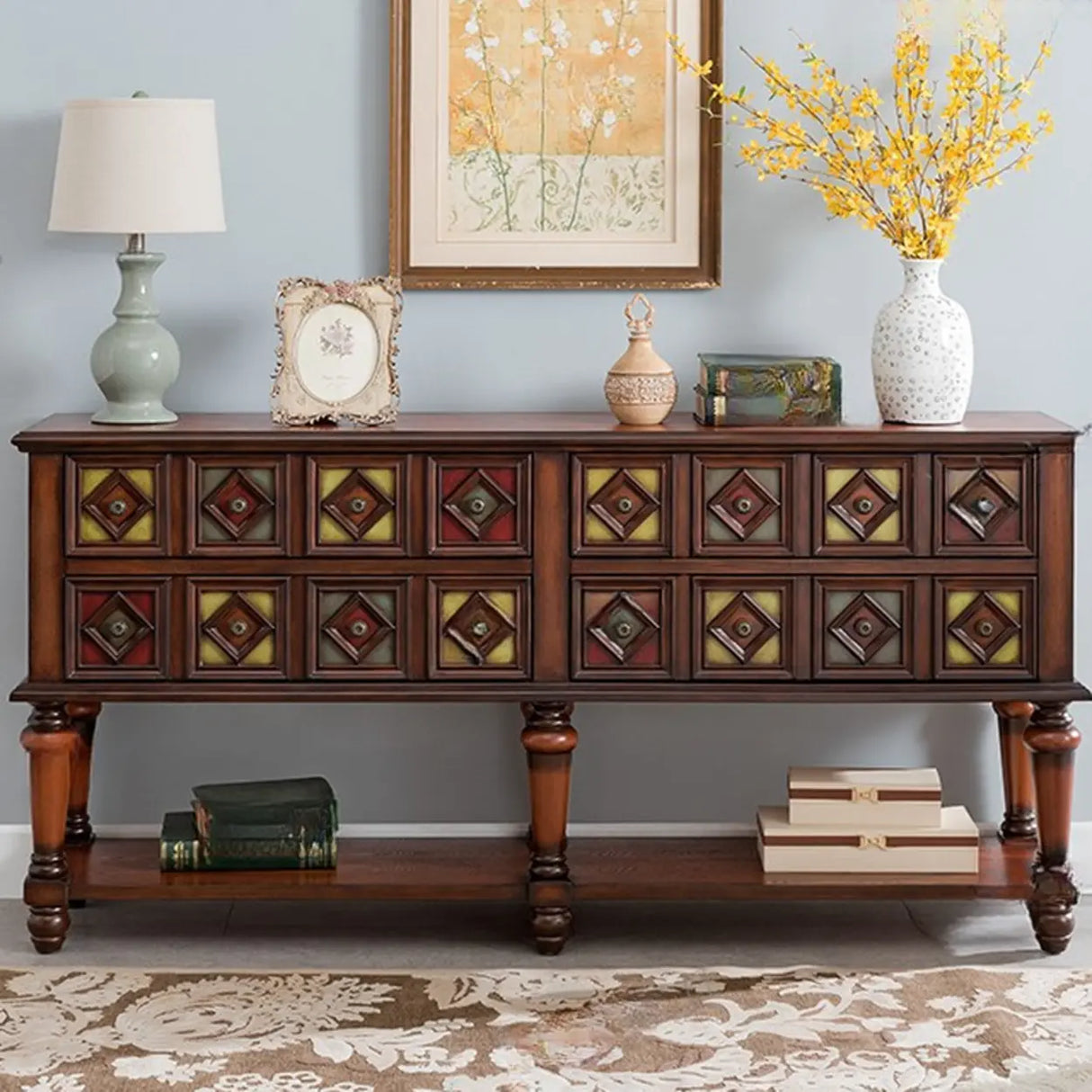 Vintage Rectangular Wooden Brown Storage Console Table Image - 3