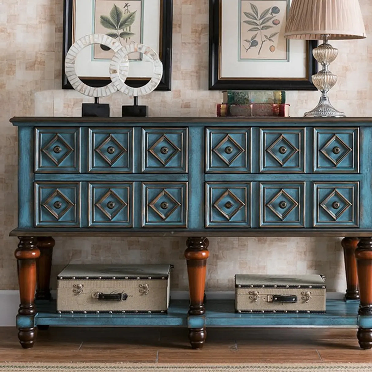 Vintage Rectangular Wooden Brown Storage Console Table Image - 5