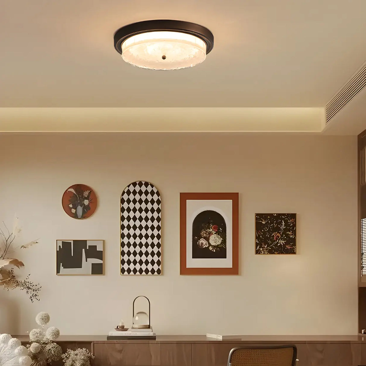 Bedroom Vintage Brown Round Glass Flush Mount Light Image - 5