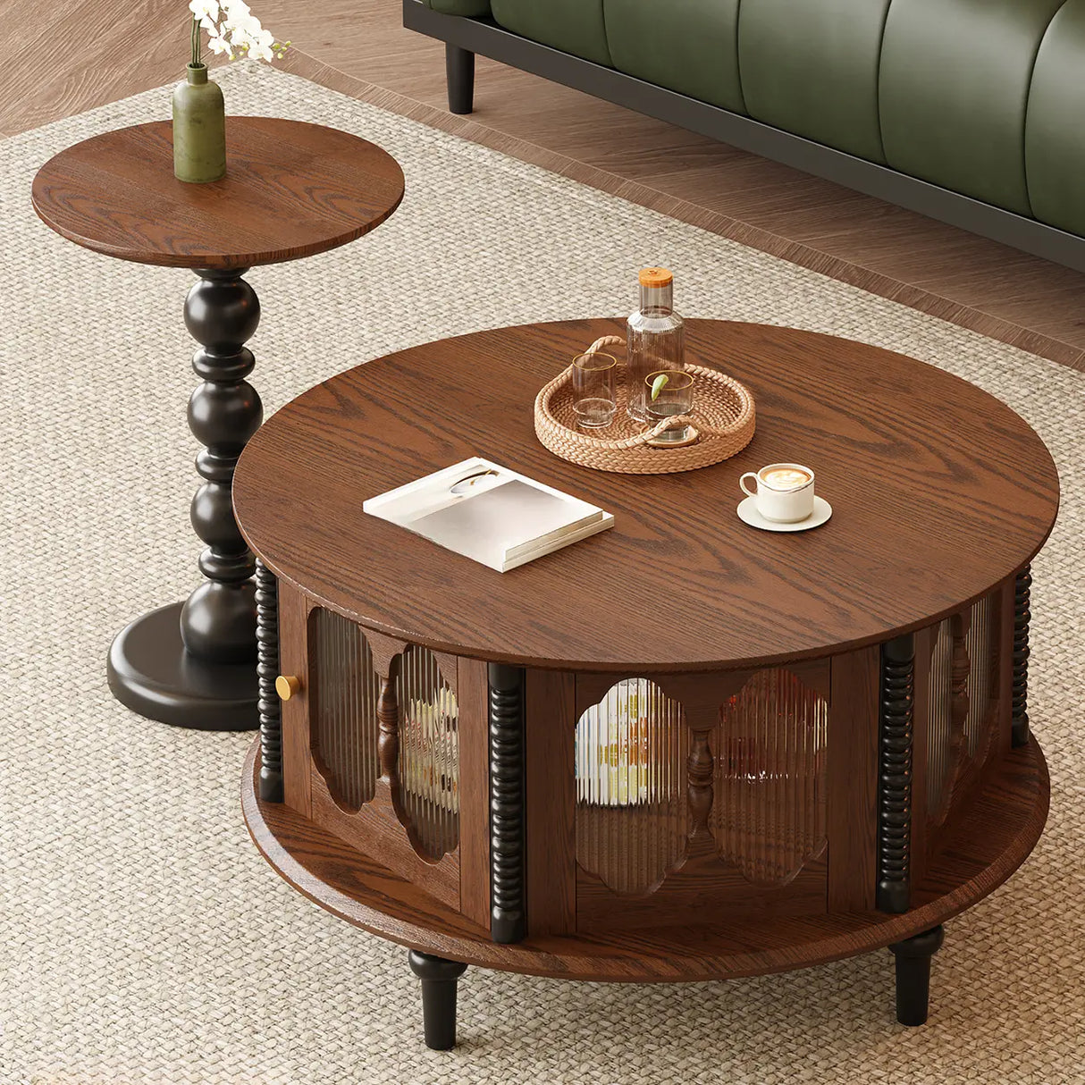 Vintage Round Wood Coffee Table Set with Storage Shelf Image - 1