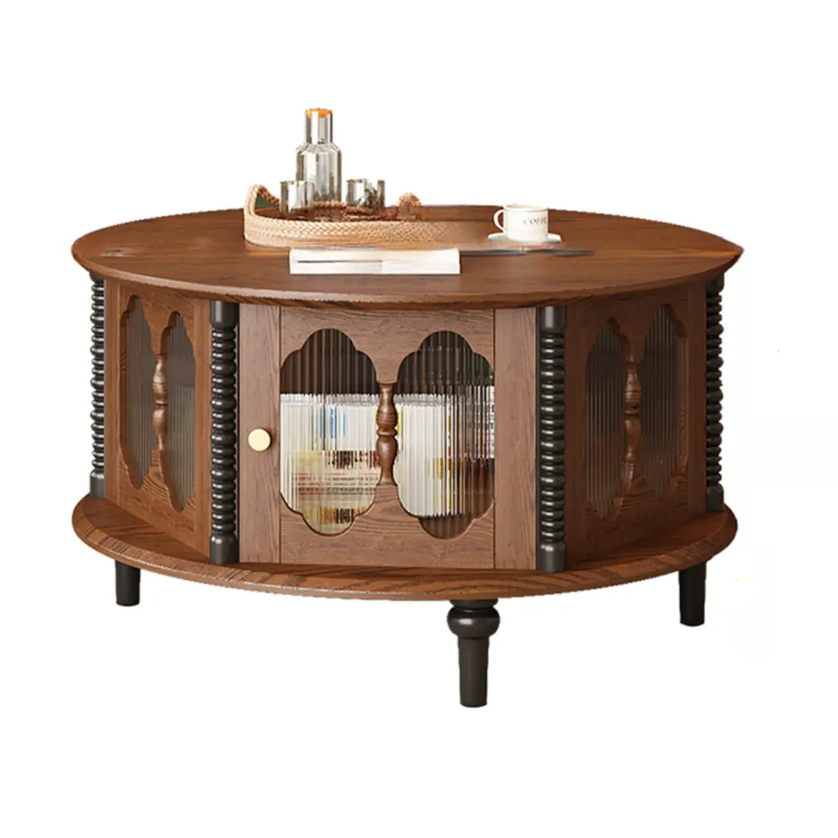 Vintage Round Wood Coffee Table Set with Storage Shelf Image - 2