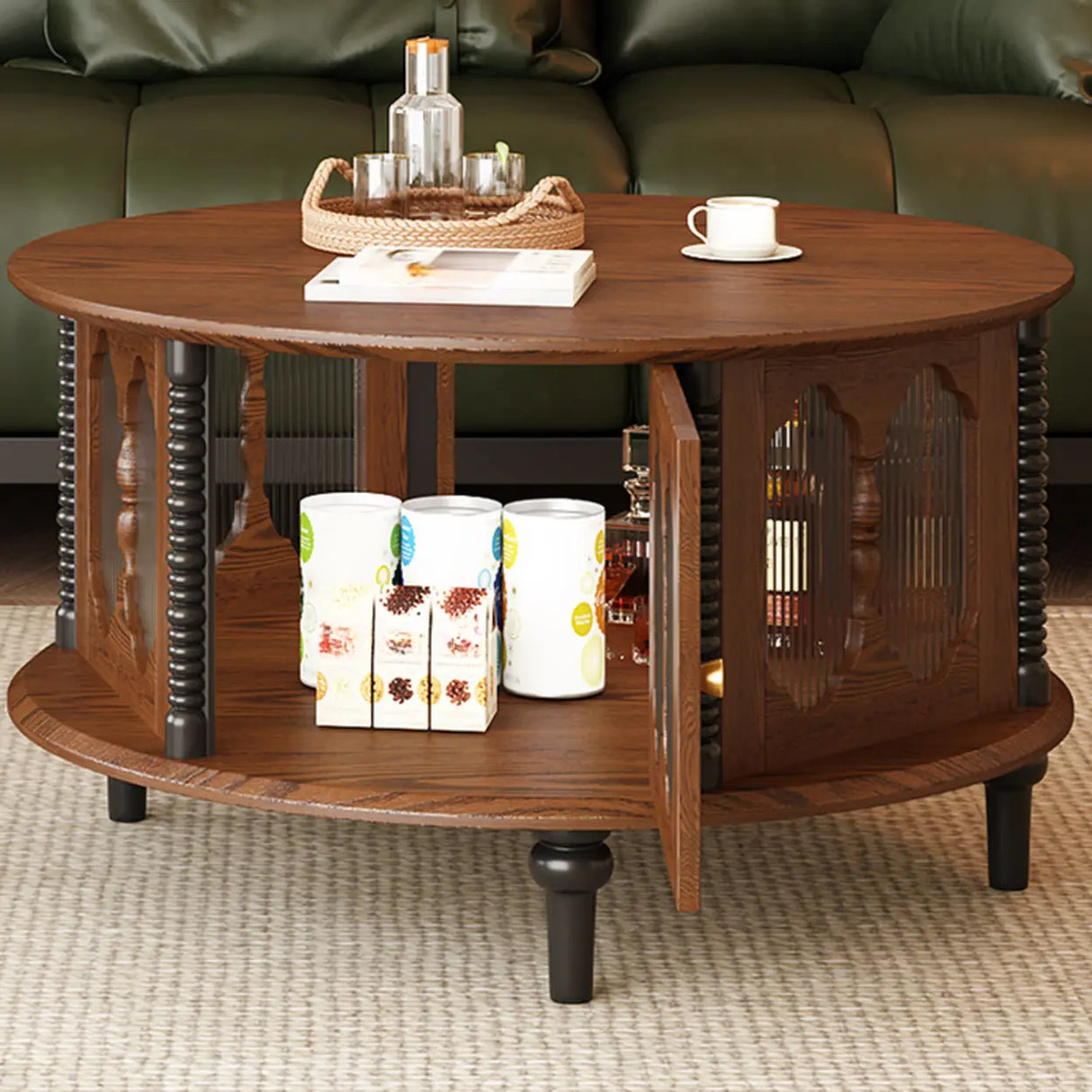 Vintage Round Wood Coffee Table Set with Storage Shelf Image - 4