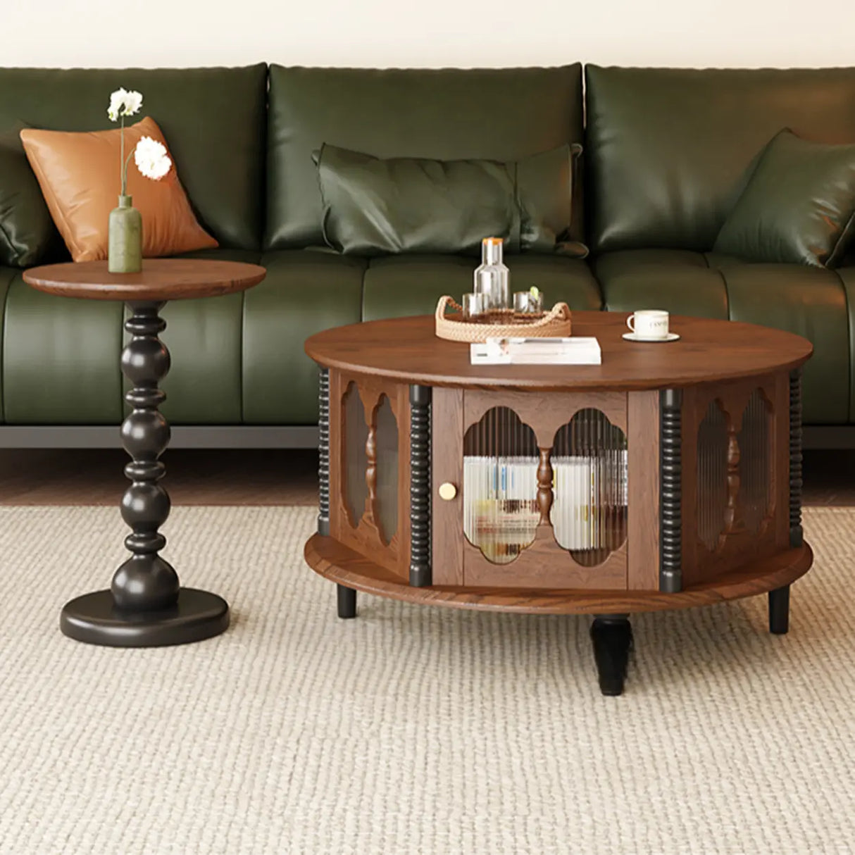 Vintage Round Wood Coffee Table Set with Storage Shelf Image - 5
