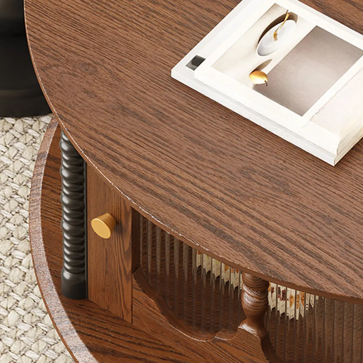 Vintage Round Wood Coffee Table Set with Storage Shelf Image - 6