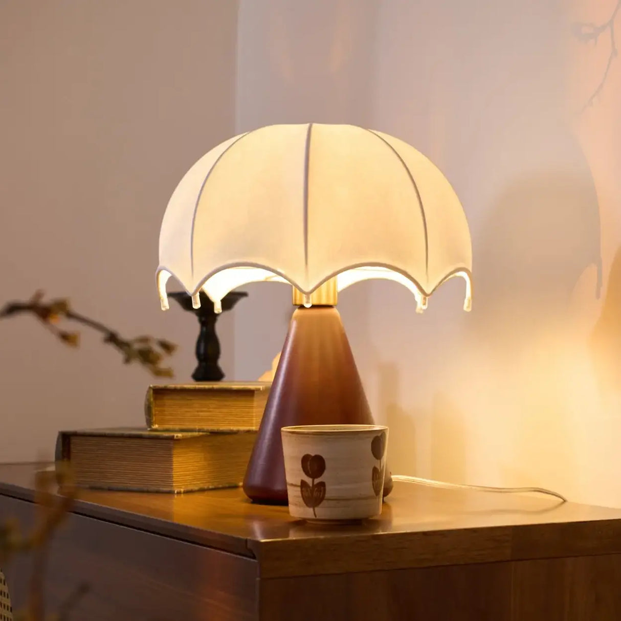 Vintage Silk Umbrella Wood Cone Integrated LED Table Lamp Image - 2