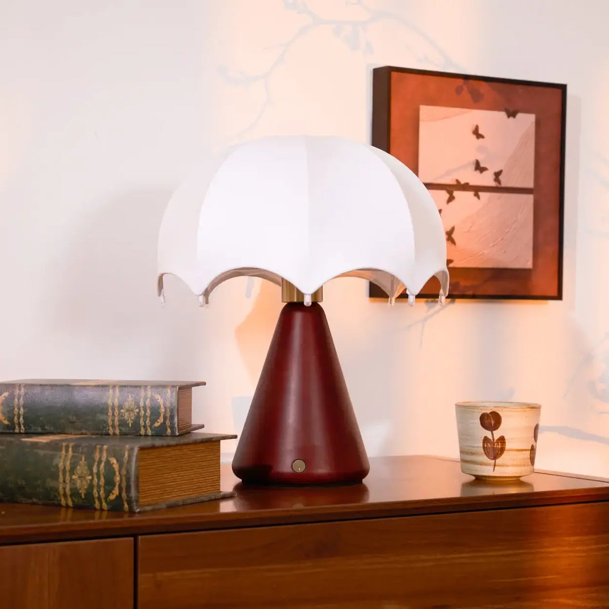 Vintage Silk Umbrella Wood Cone Integrated LED Table Lamp Image - 3