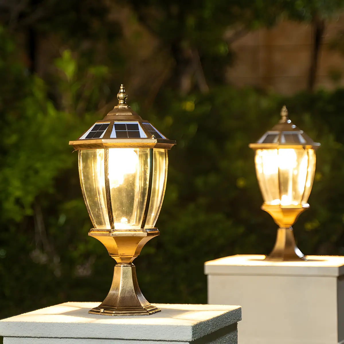 Vintage Solar Lantern Outdoor Garden Column Light Gold Image - 2