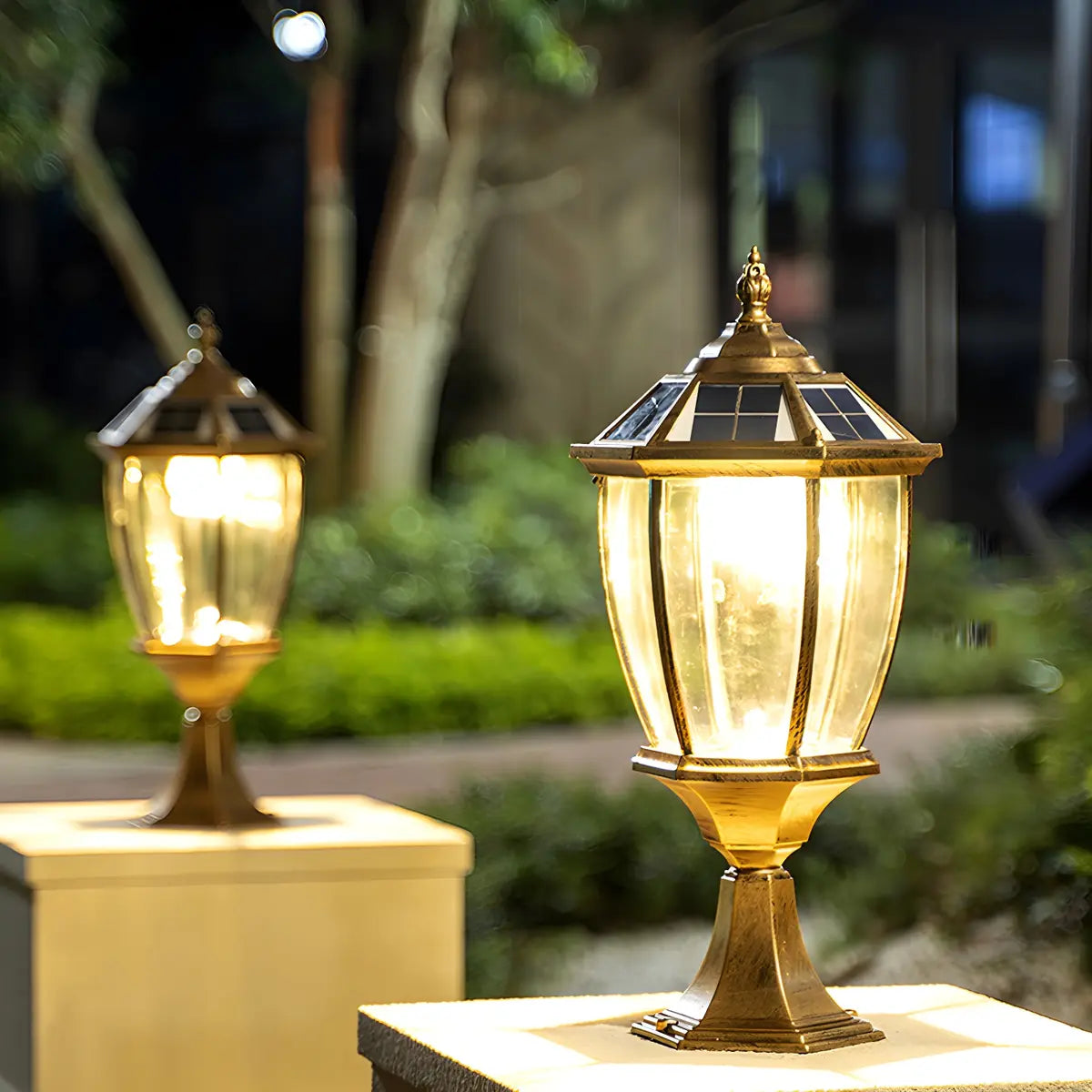 Vintage Solar Lantern Outdoor Garden Column Light Gold Image - 3