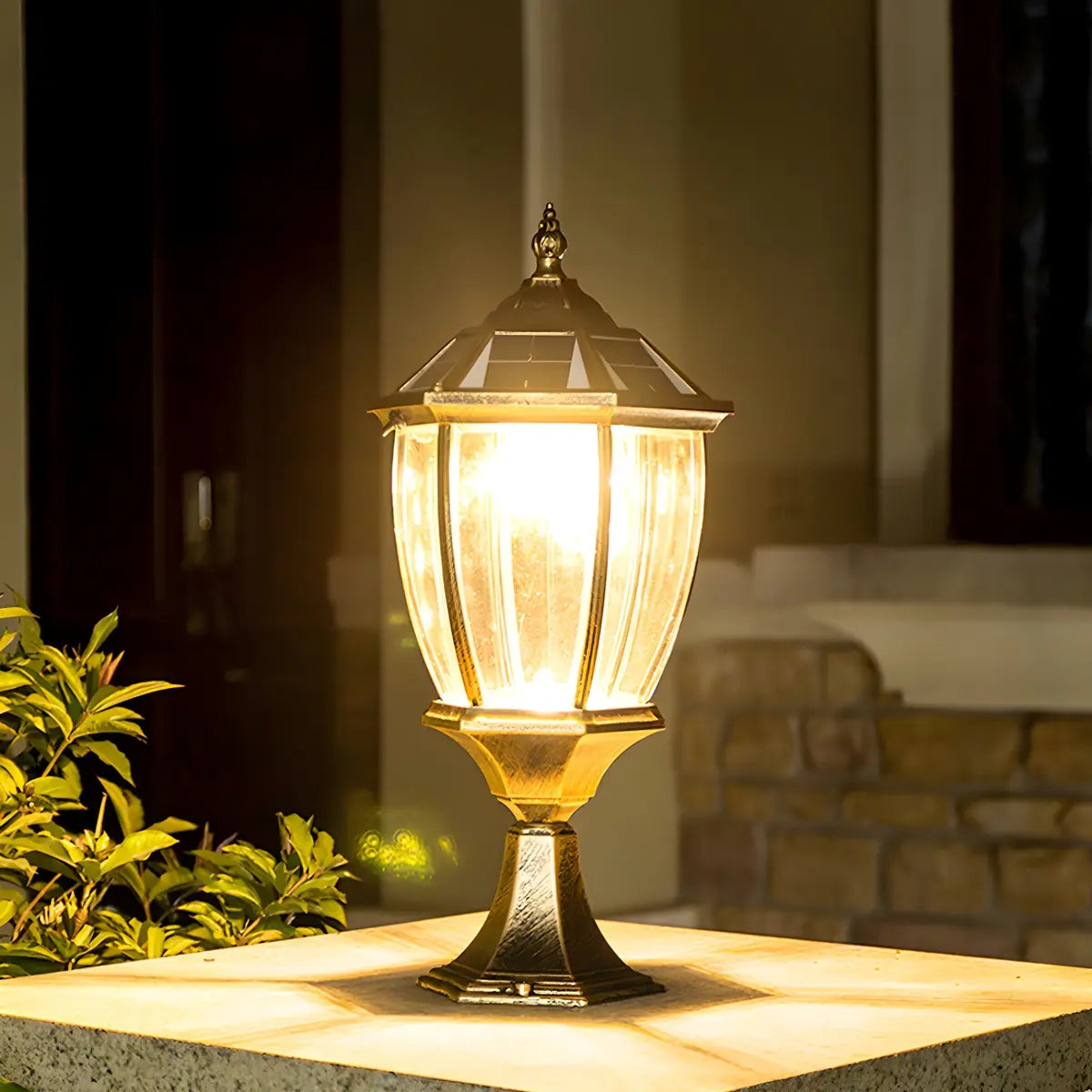 Vintage Solar Lantern Outdoor Garden Column Light Gold Image - 4