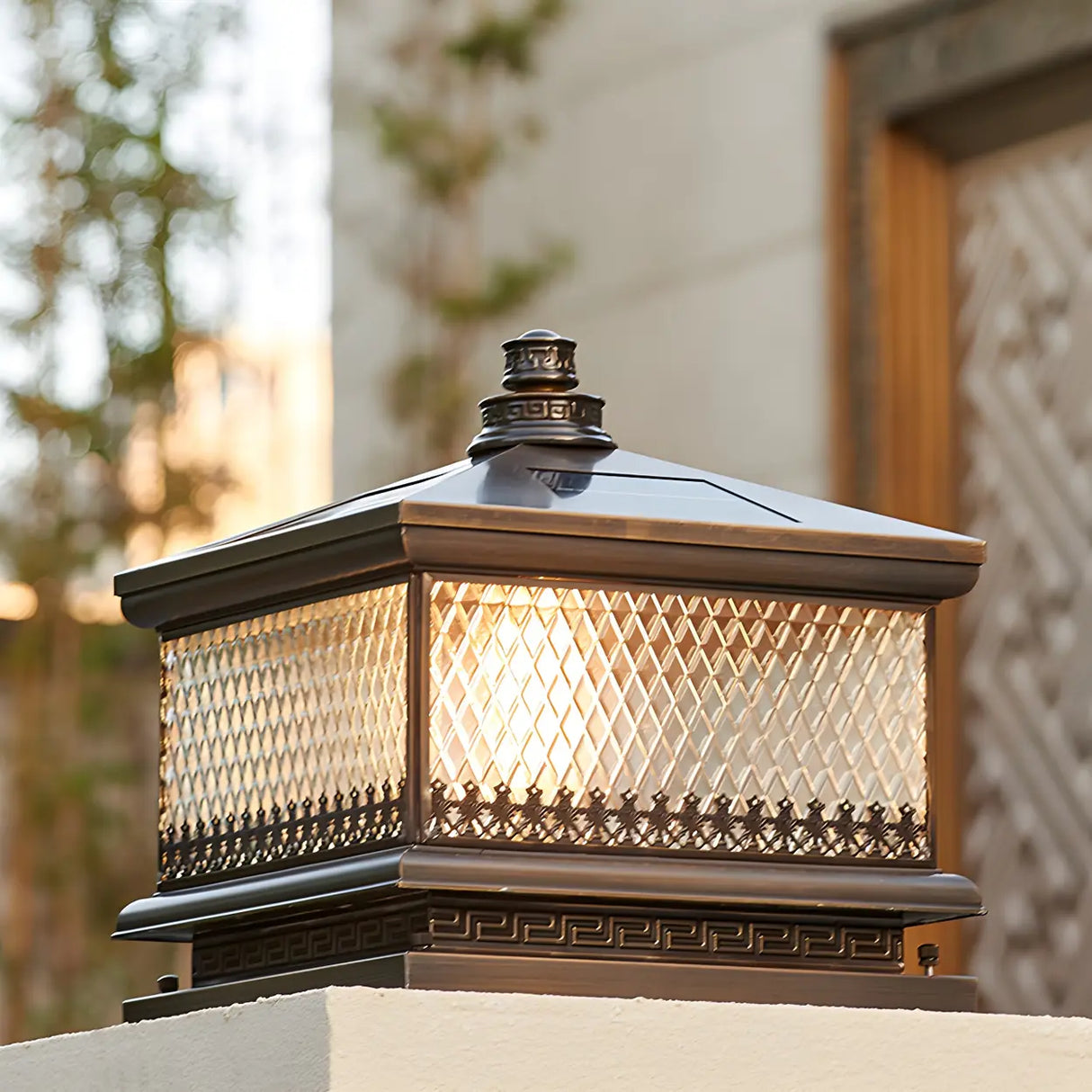 Vintage Square Glass Outdoor Metal Lantern Pillar Light Image - 1
