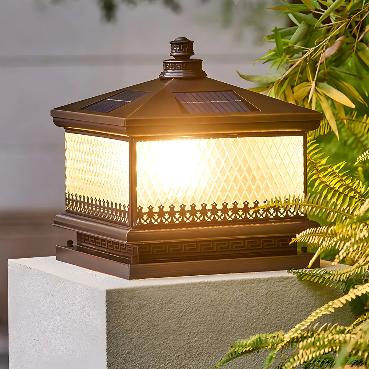 Vintage Square Glass Outdoor Metal Lantern Pillar Light Image - 11