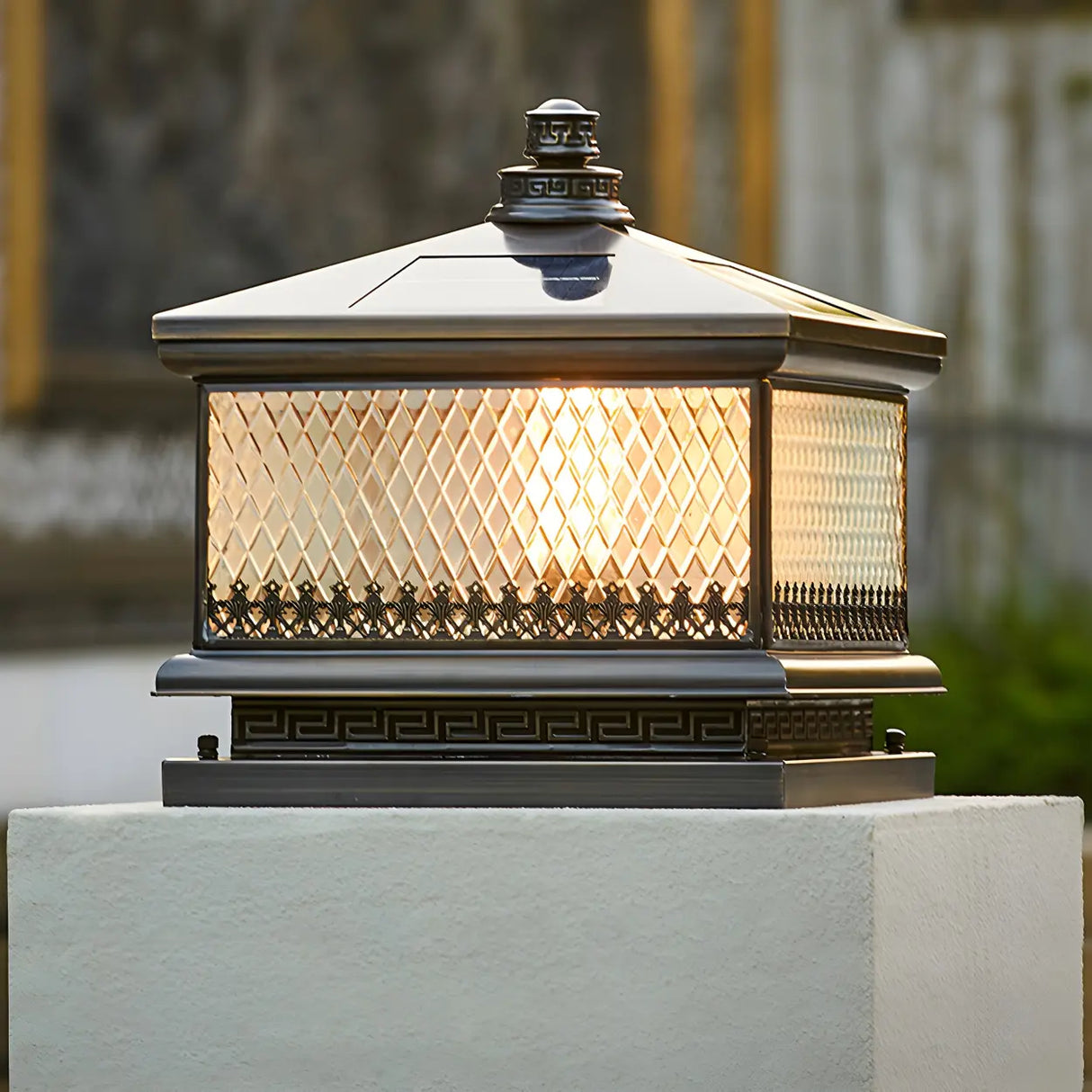 Vintage Square Glass Outdoor Metal Lantern Pillar Light Image - 12