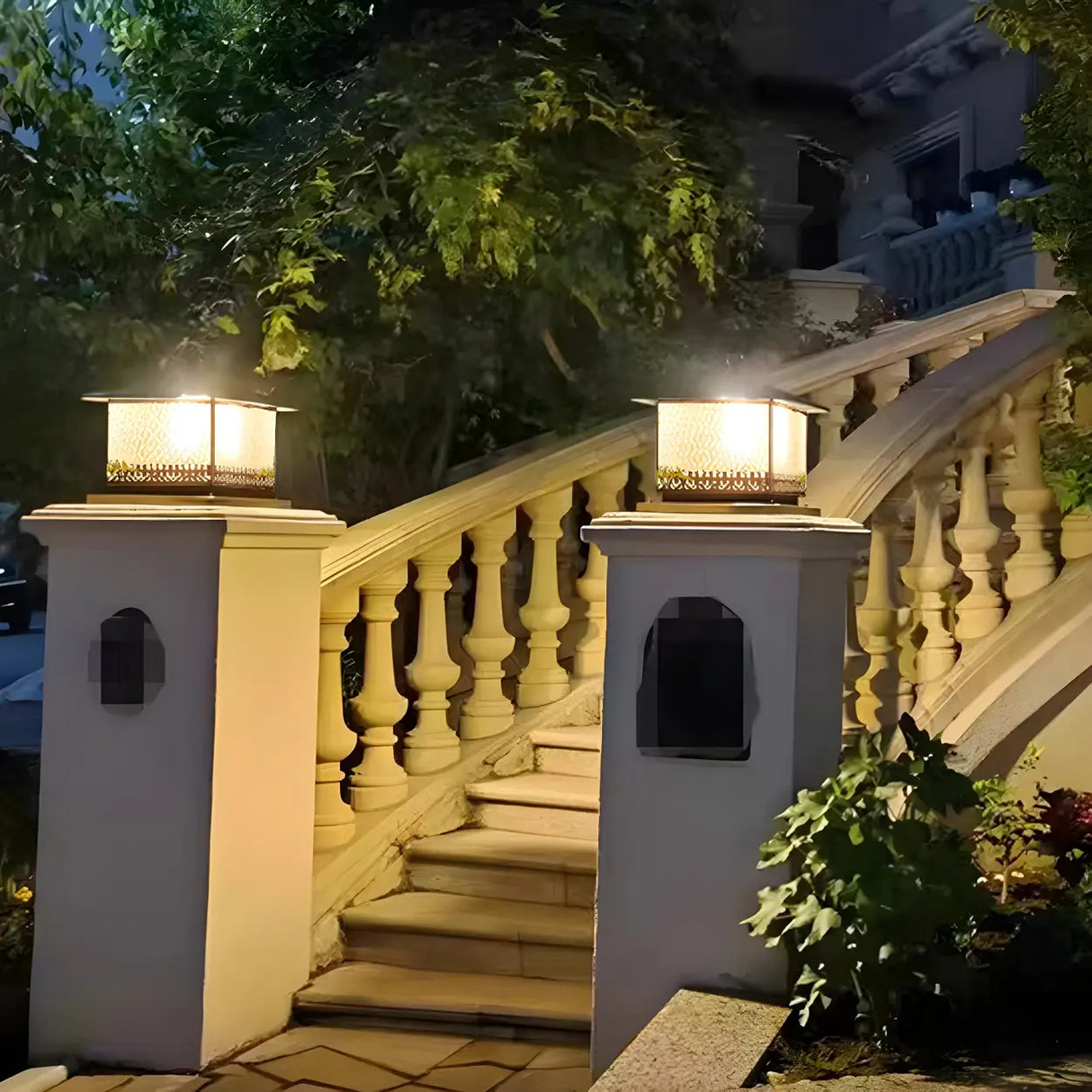 Vintage Square Glass Outdoor Metal Lantern Pillar Light Image - 14