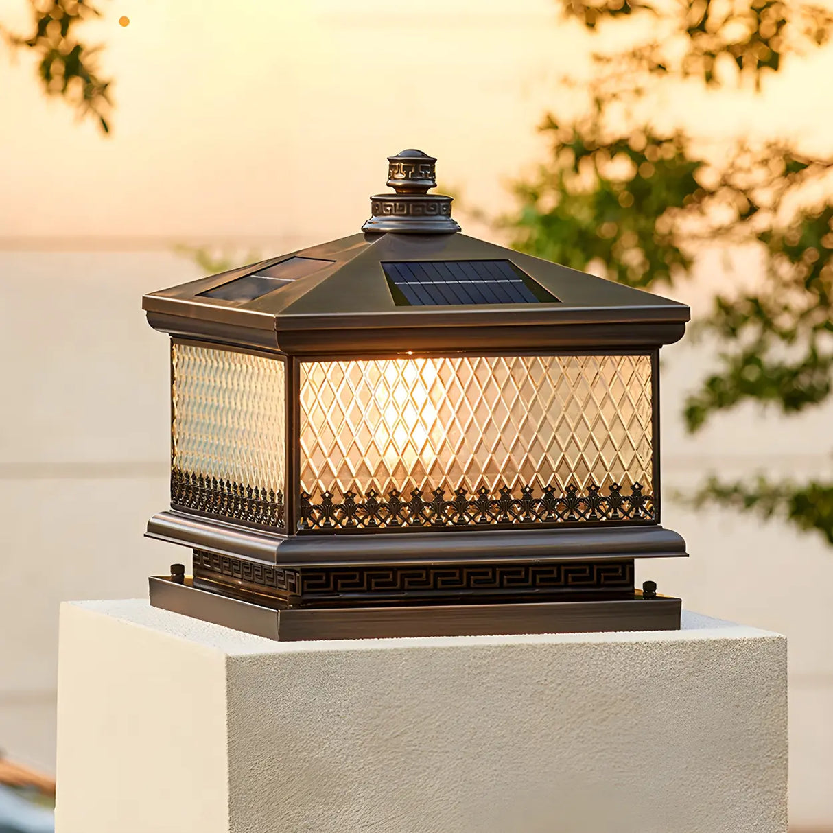 Vintage Square Glass Outdoor Metal Lantern Pillar Light Image - 2
