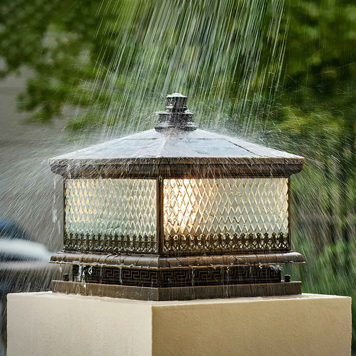 Vintage Square Glass Outdoor Metal Lantern Pillar Light Image - 3