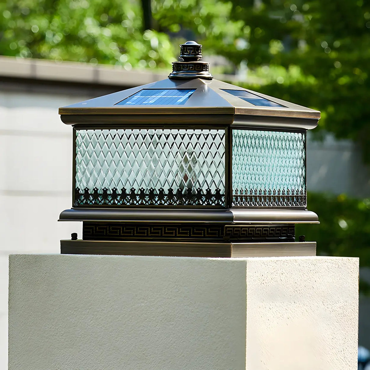 Vintage Square Glass Outdoor Metal Lantern Pillar Light Image - 4