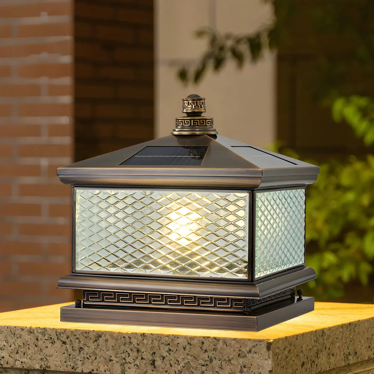 Vintage Square Glass Solar Lantern Bronze Outdoor Lamp Image - 1
