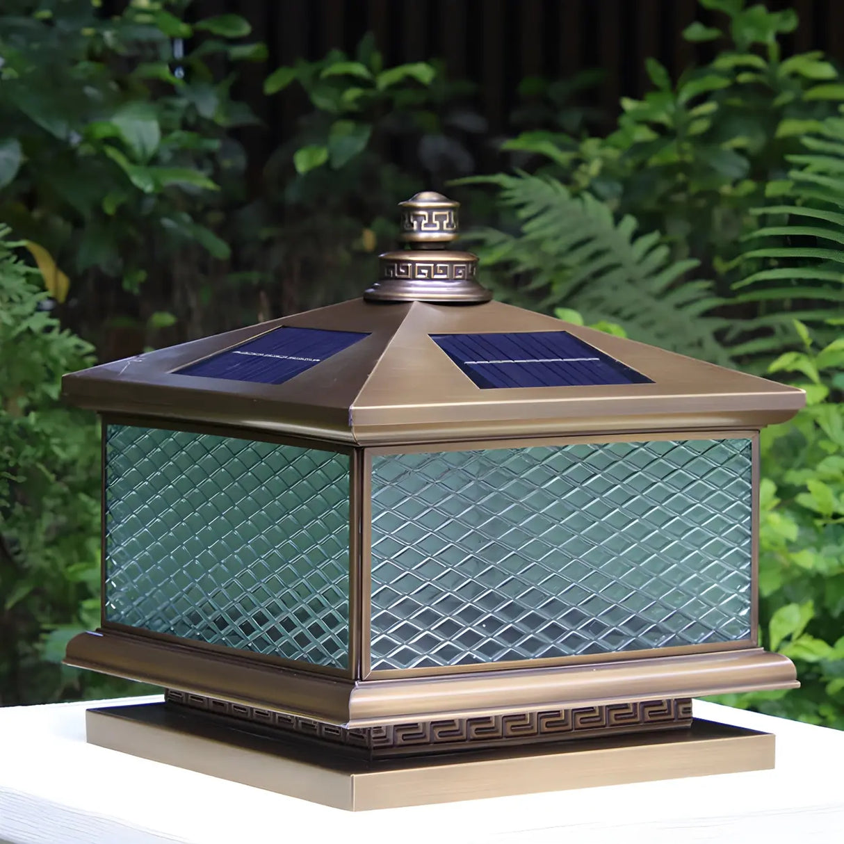 Vintage Square Glass Solar Lantern Bronze Outdoor Lamp Image - 10