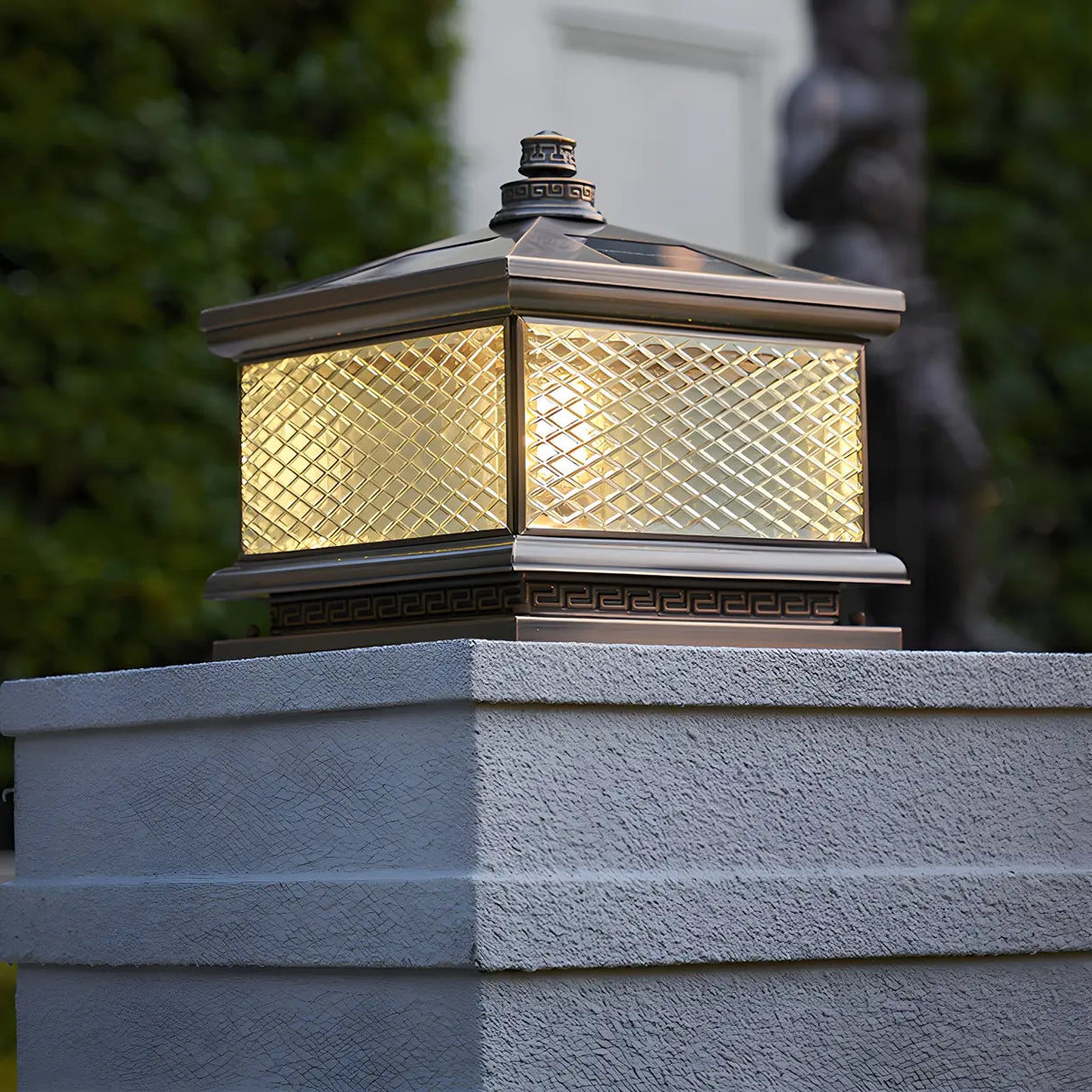 Vintage Square Glass Solar Lantern Bronze Outdoor Lamp Image - 11