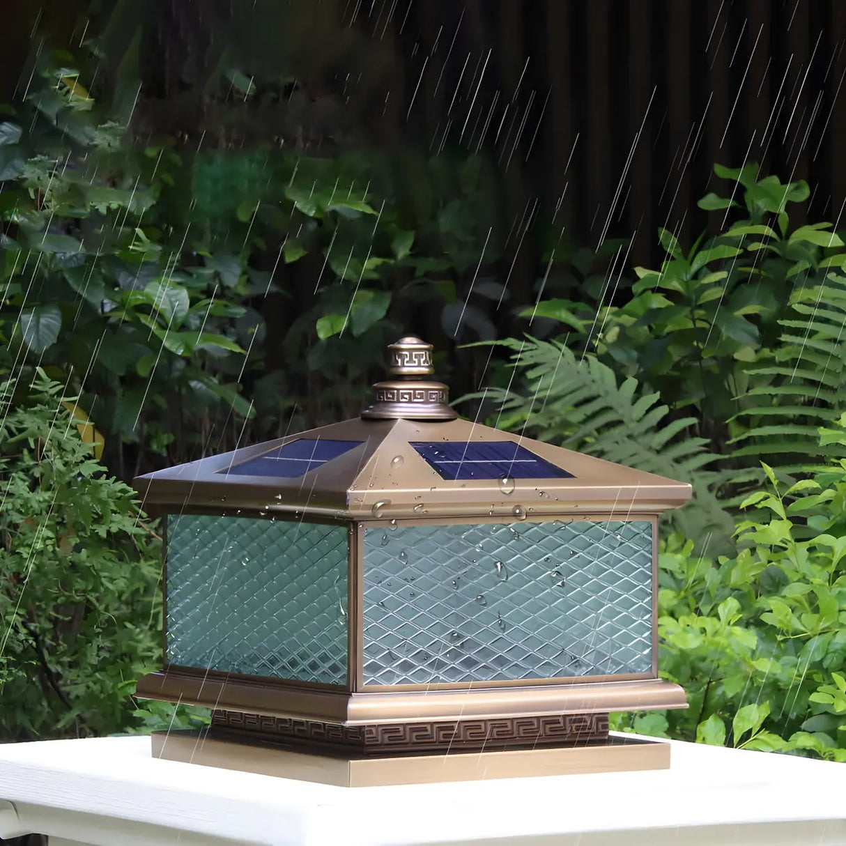 Vintage Square Glass Solar Lantern Bronze Outdoor Lamp Image - 12