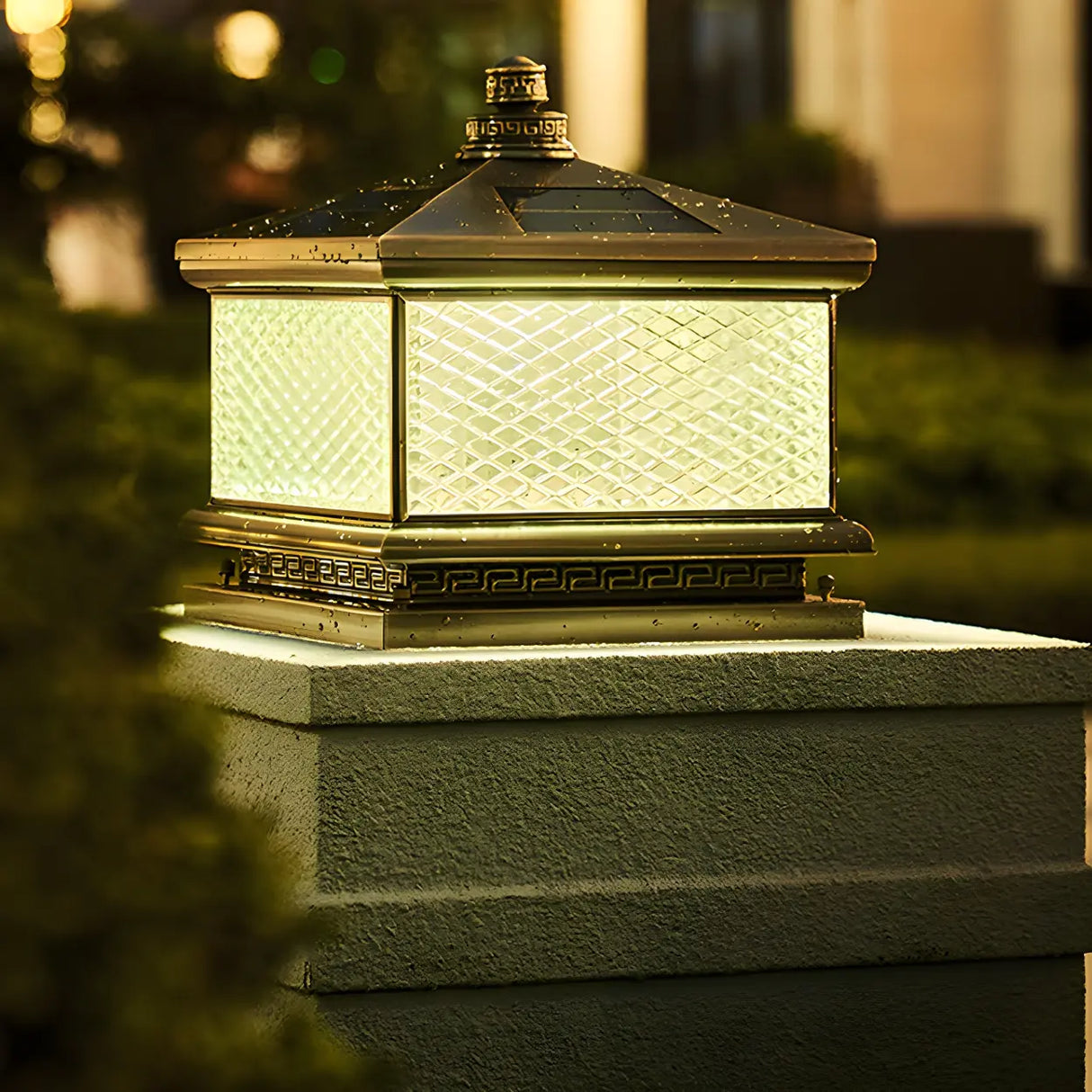 Vintage Square Glass Solar Lantern Bronze Outdoor Lamp Image - 4