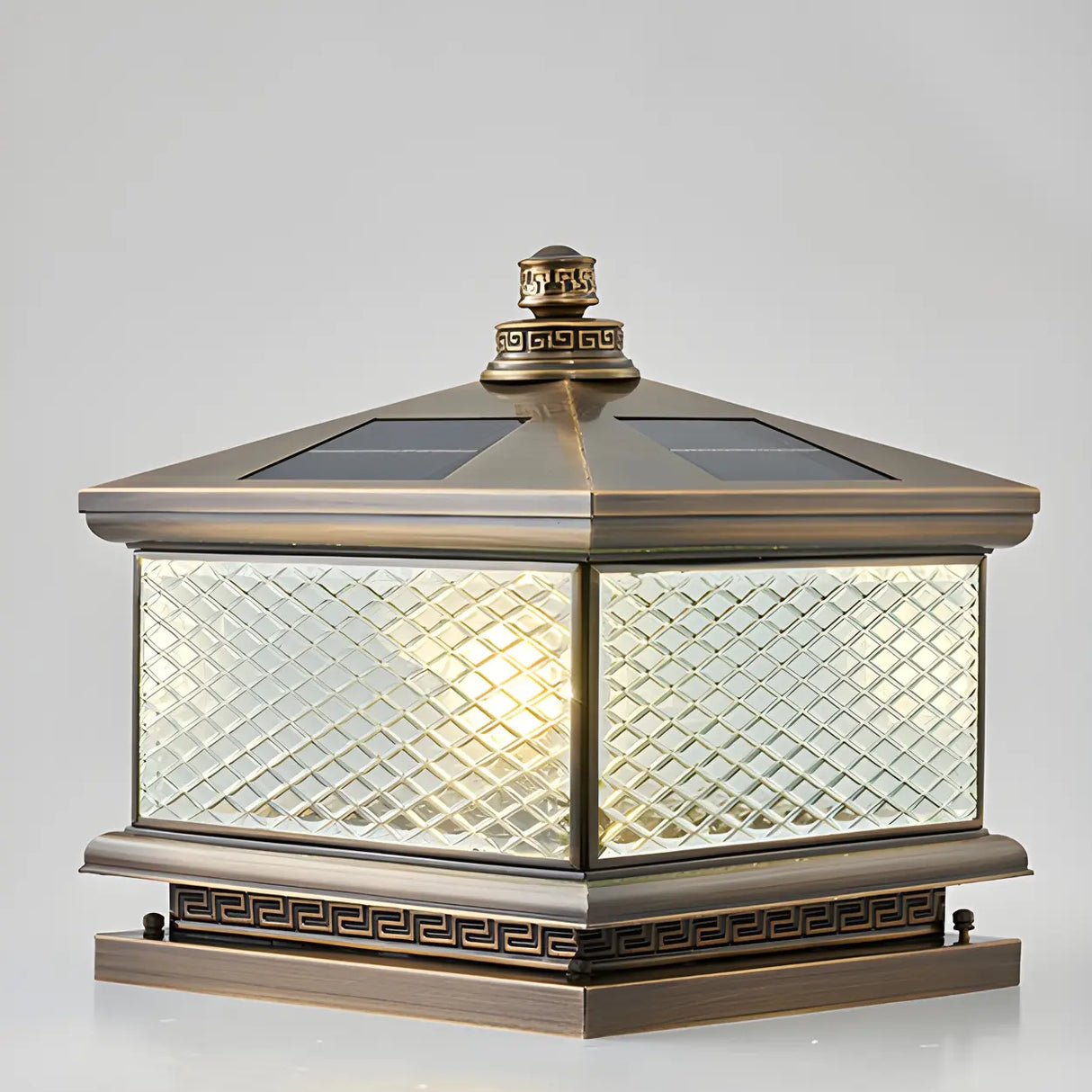 Vintage Square Glass Solar Lantern Bronze Outdoor Lamp Image - 8