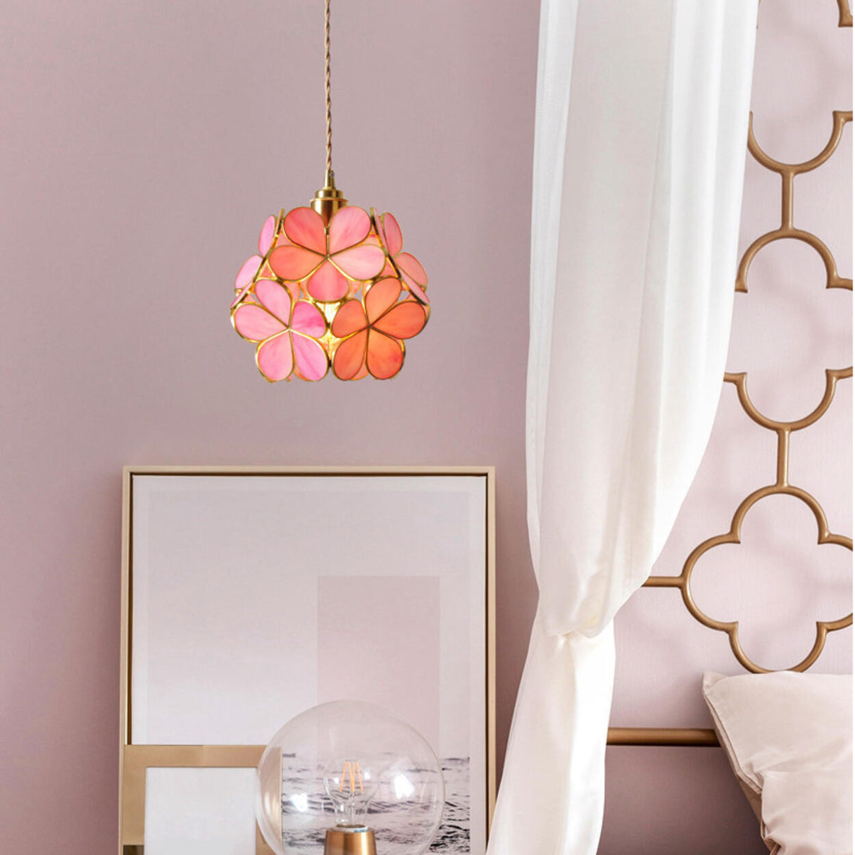 Vintage Stained Glass Green Floral Ball Pendant Light Image - 2