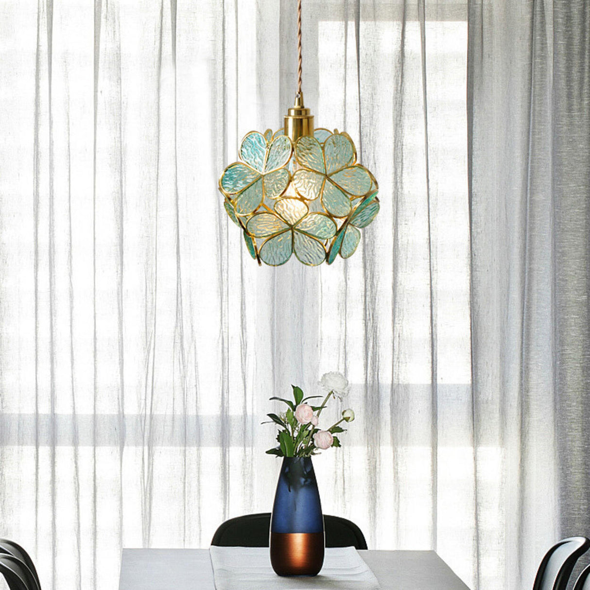 Vintage Stained Glass Green Floral Ball Pendant Light Image - 3