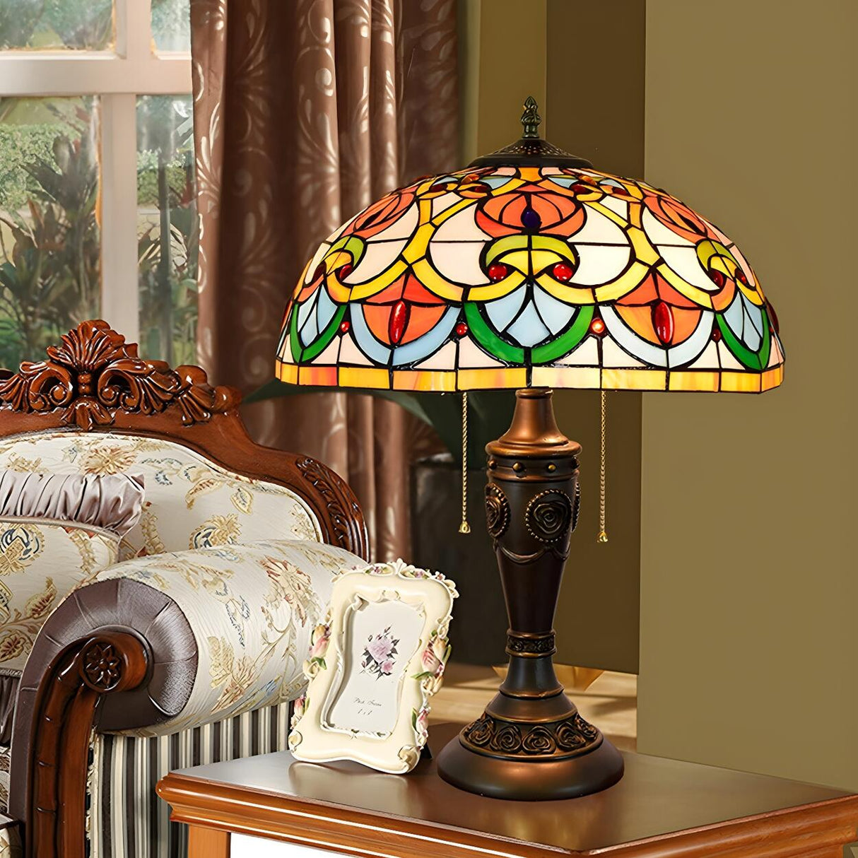 Vintage Tiffany Dome Stained Glass Shade Table Lamp Image - 8