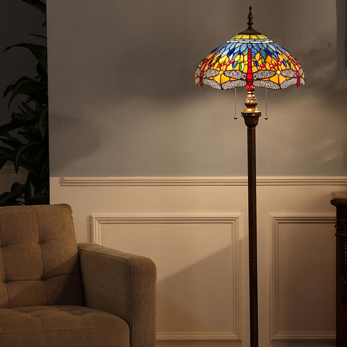 Vintage Tiffany Style Dome Stained Glass Floor Lamp Image - 1