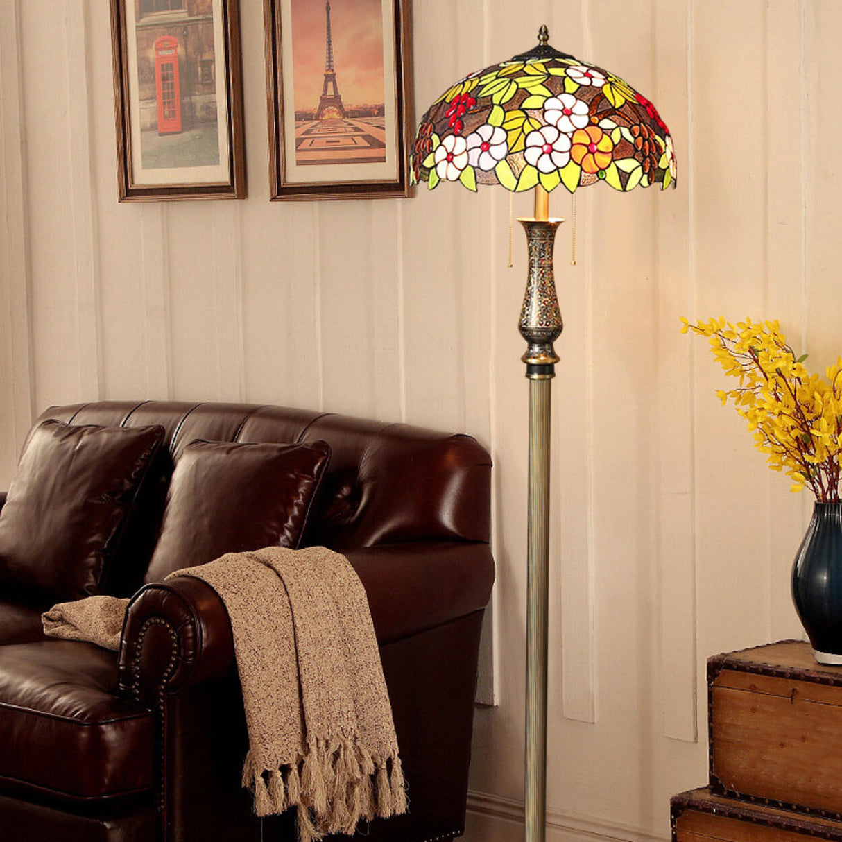 Vintage Tiffany-Style Stained Glass Dome Floor Lamp Image - 9