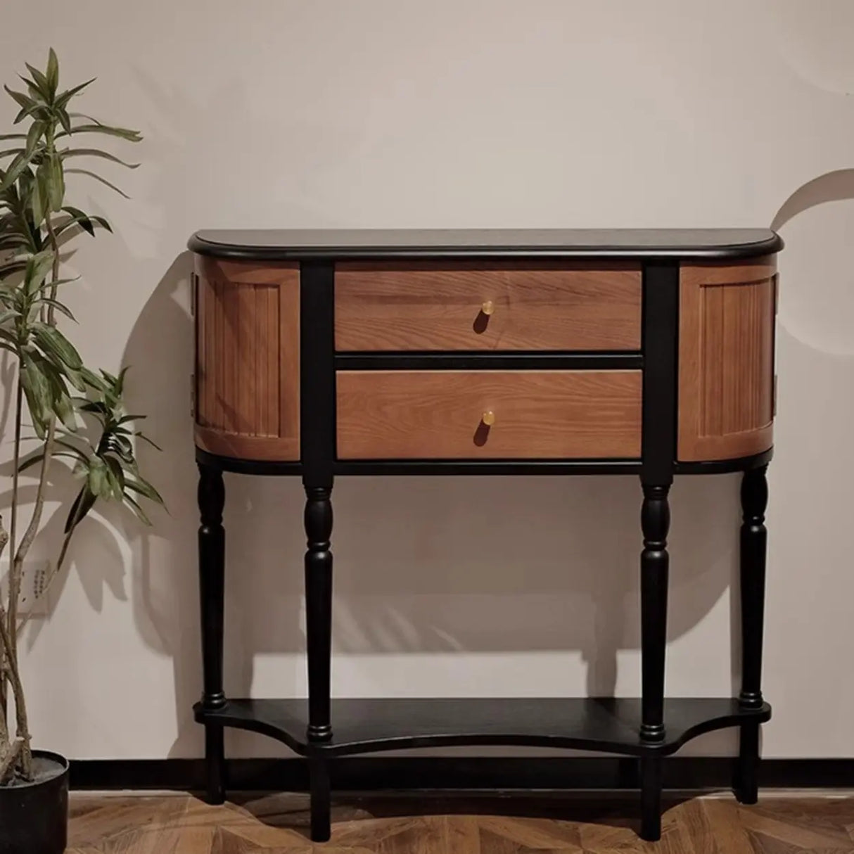 Vintage Two-Drawer Wood Narrow Console Table with Shelf Image - 4