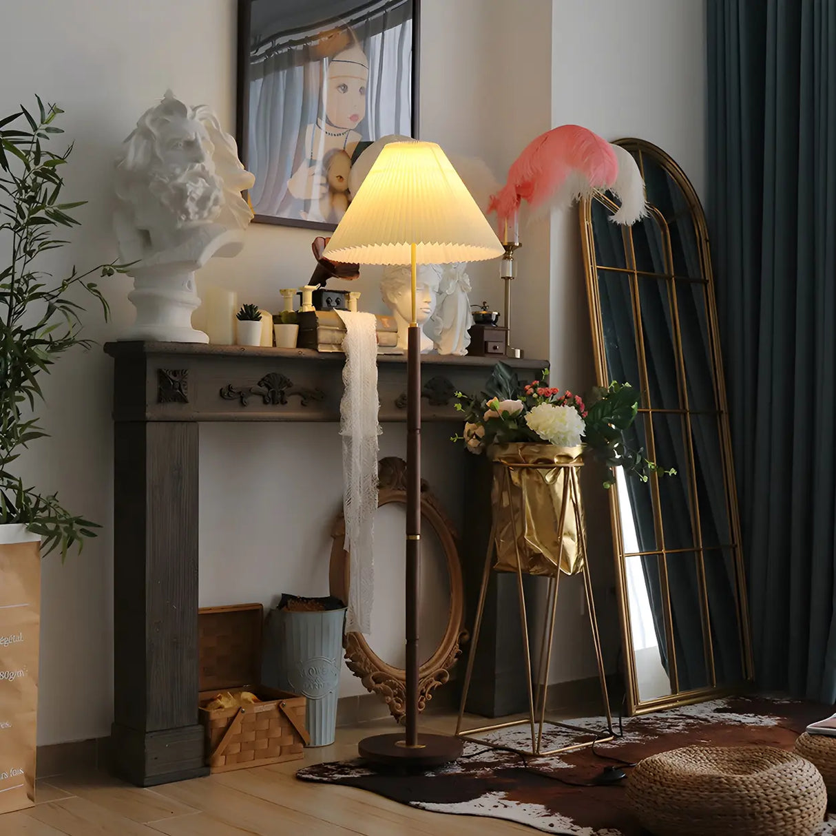 Vintage Walnut Metal Floor Lamp with Pleated Shade Image - 1