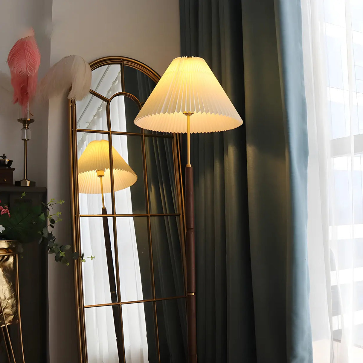 Vintage Walnut Metal Floor Lamp with Pleated Shade Image - 2
