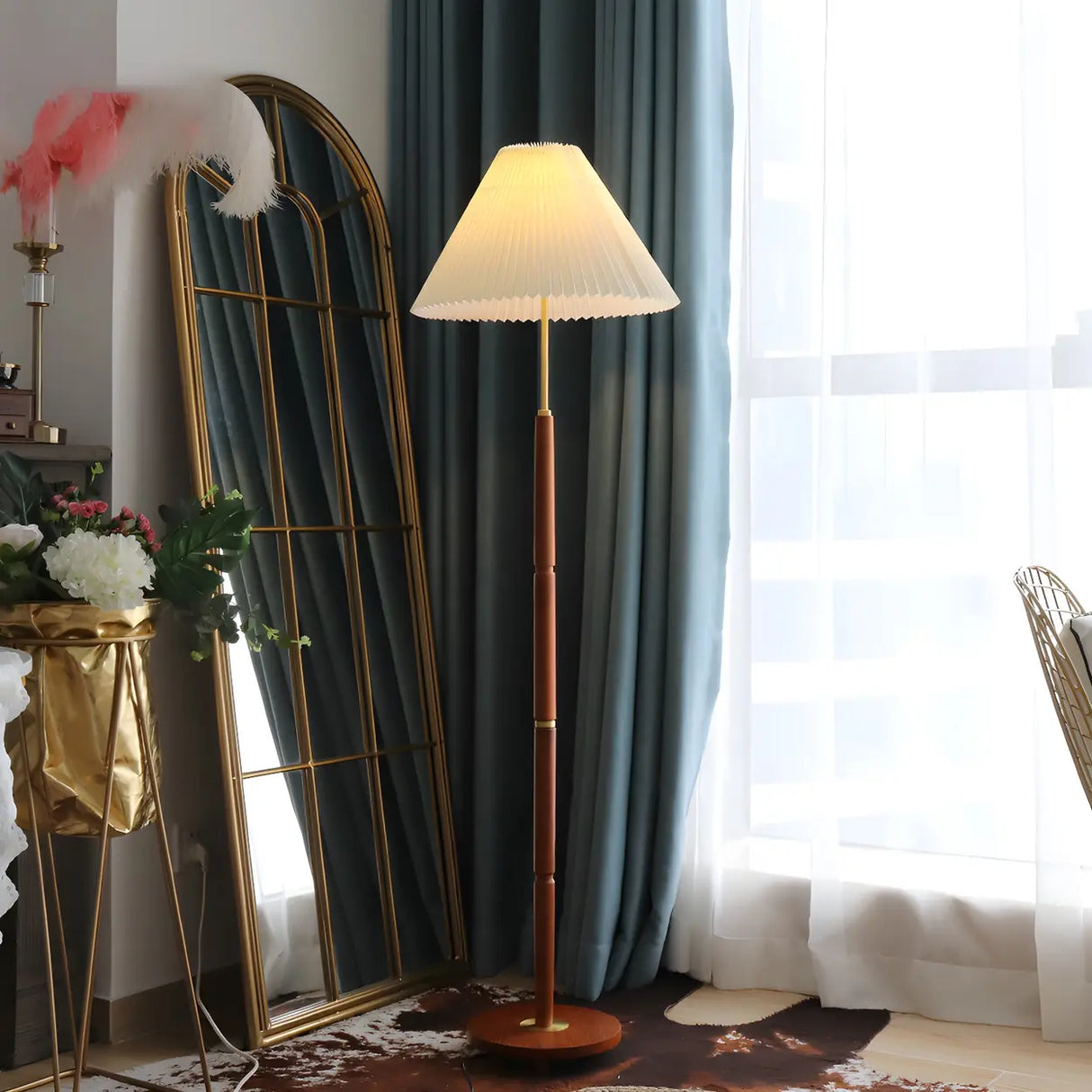 Vintage Walnut Metal Floor Lamp with Pleated Shade Image - 3