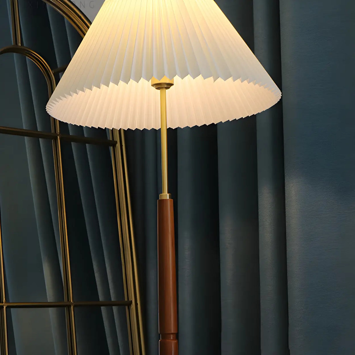 Vintage Walnut Metal Floor Lamp with Pleated Shade Image - 6