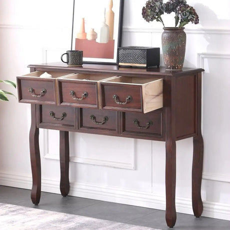 Vintage Walnut Wood Tall Console Table with Drawers Image - 1