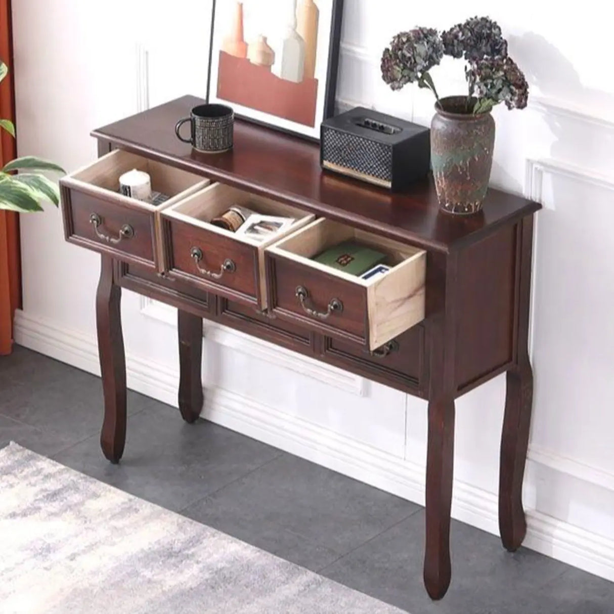 Vintage Walnut Wood Tall Console Table with Drawers Image - 10