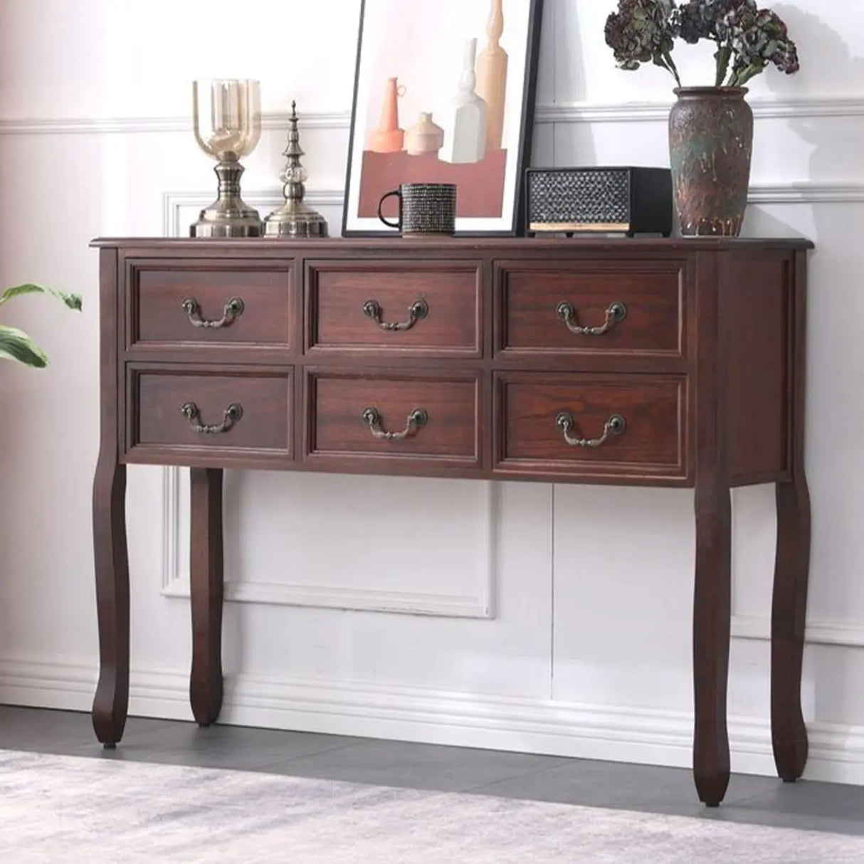 Vintage Walnut Wood Tall Console Table with Drawers Image - 11