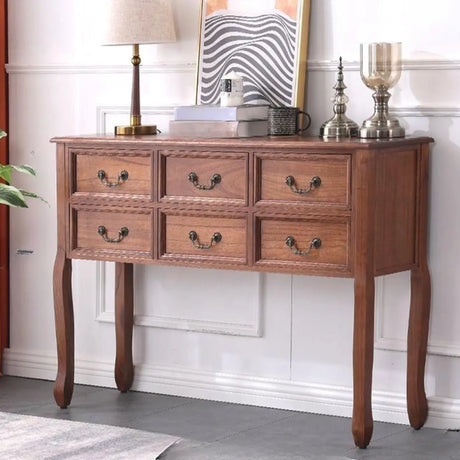 Vintage Walnut Wood Tall Console Table with Drawers Image - 2