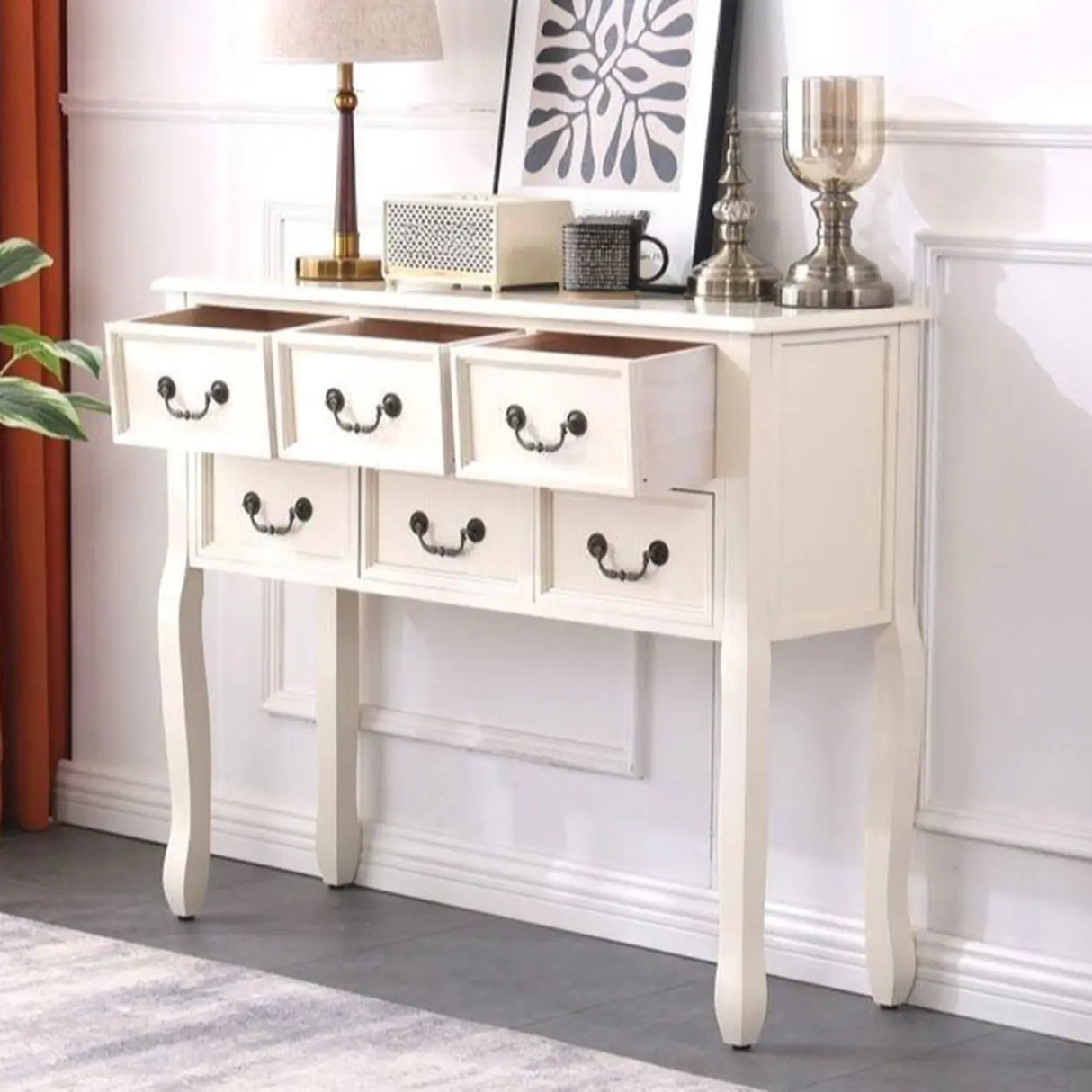 Vintage Walnut Wood Tall Console Table with Drawers Image - 3