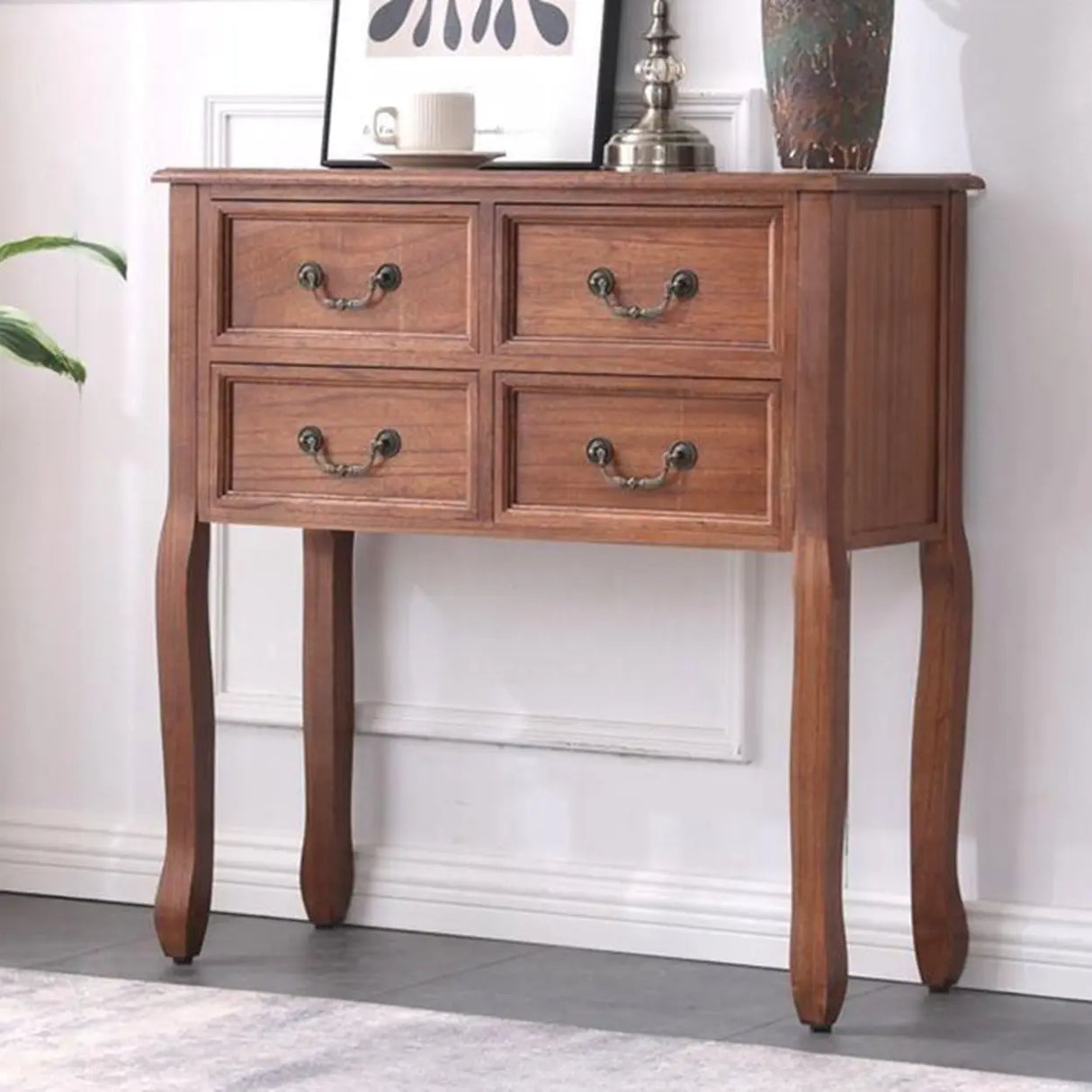 Vintage Walnut Wood Tall Console Table with Drawers Image - 4
