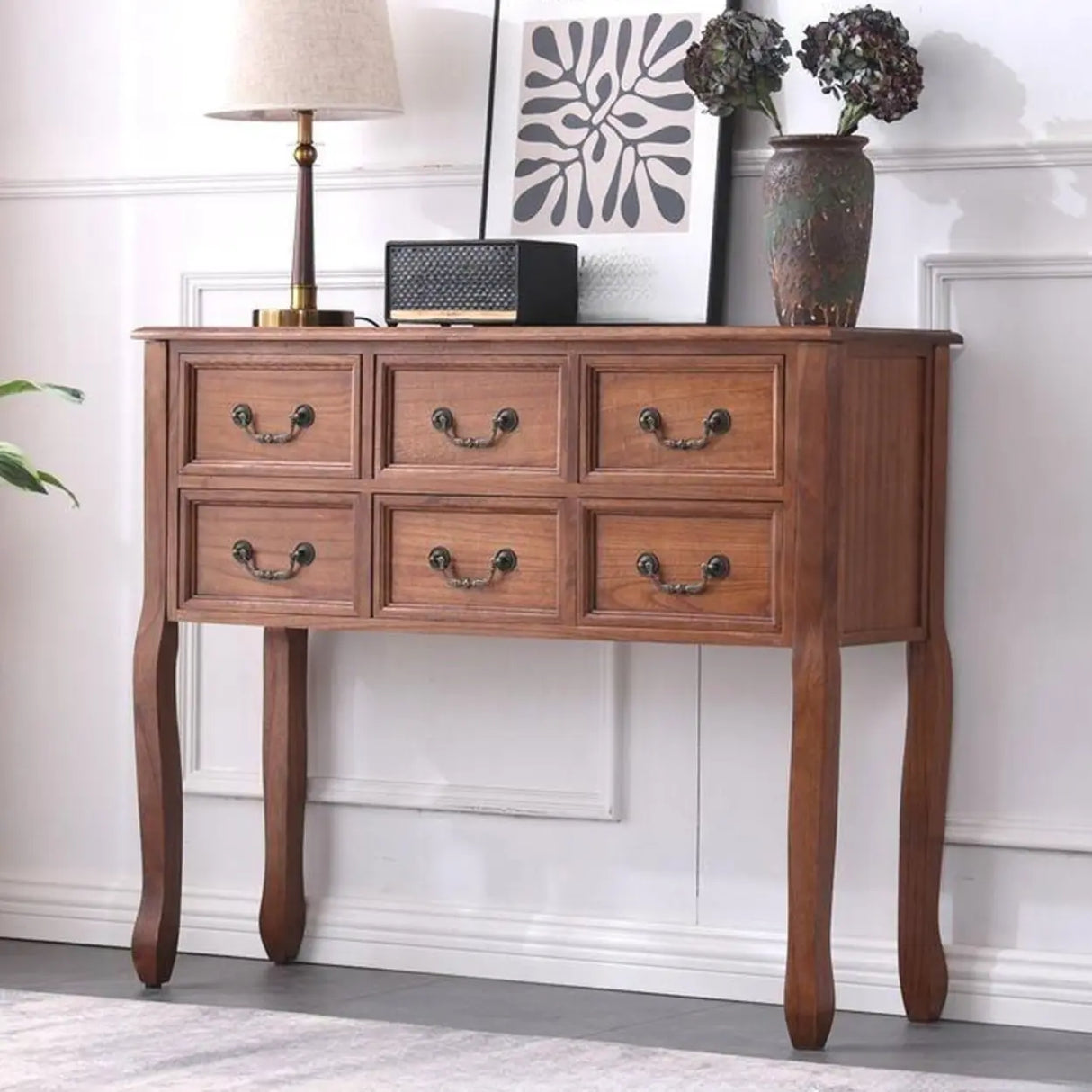 Vintage Walnut Wood Tall Console Table with Drawers Image - 5