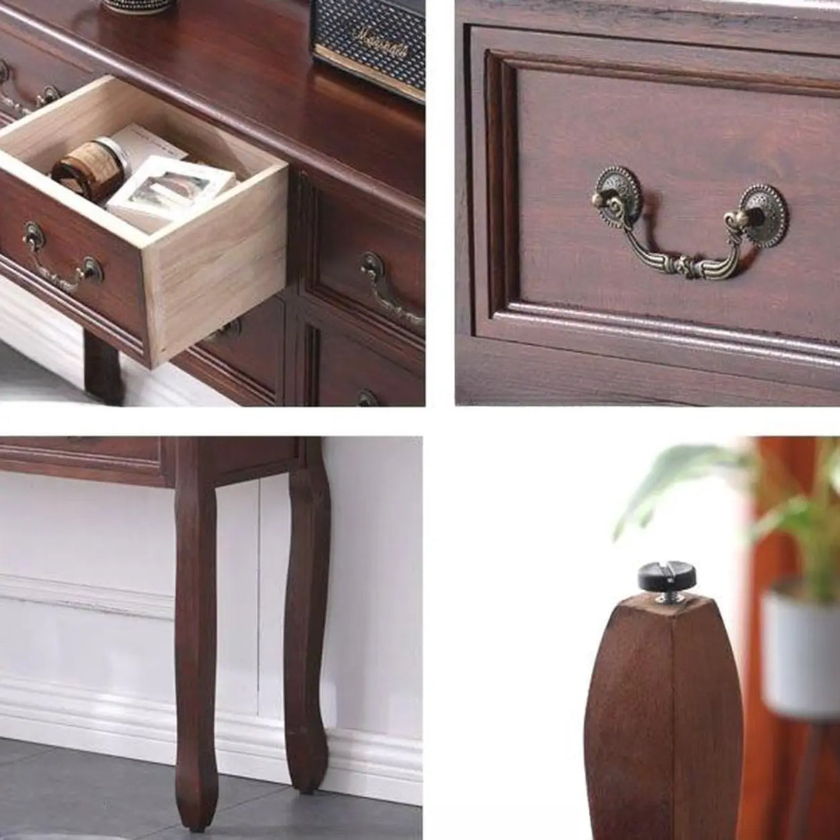 Vintage Walnut Wood Tall Console Table with Drawers Image - 6